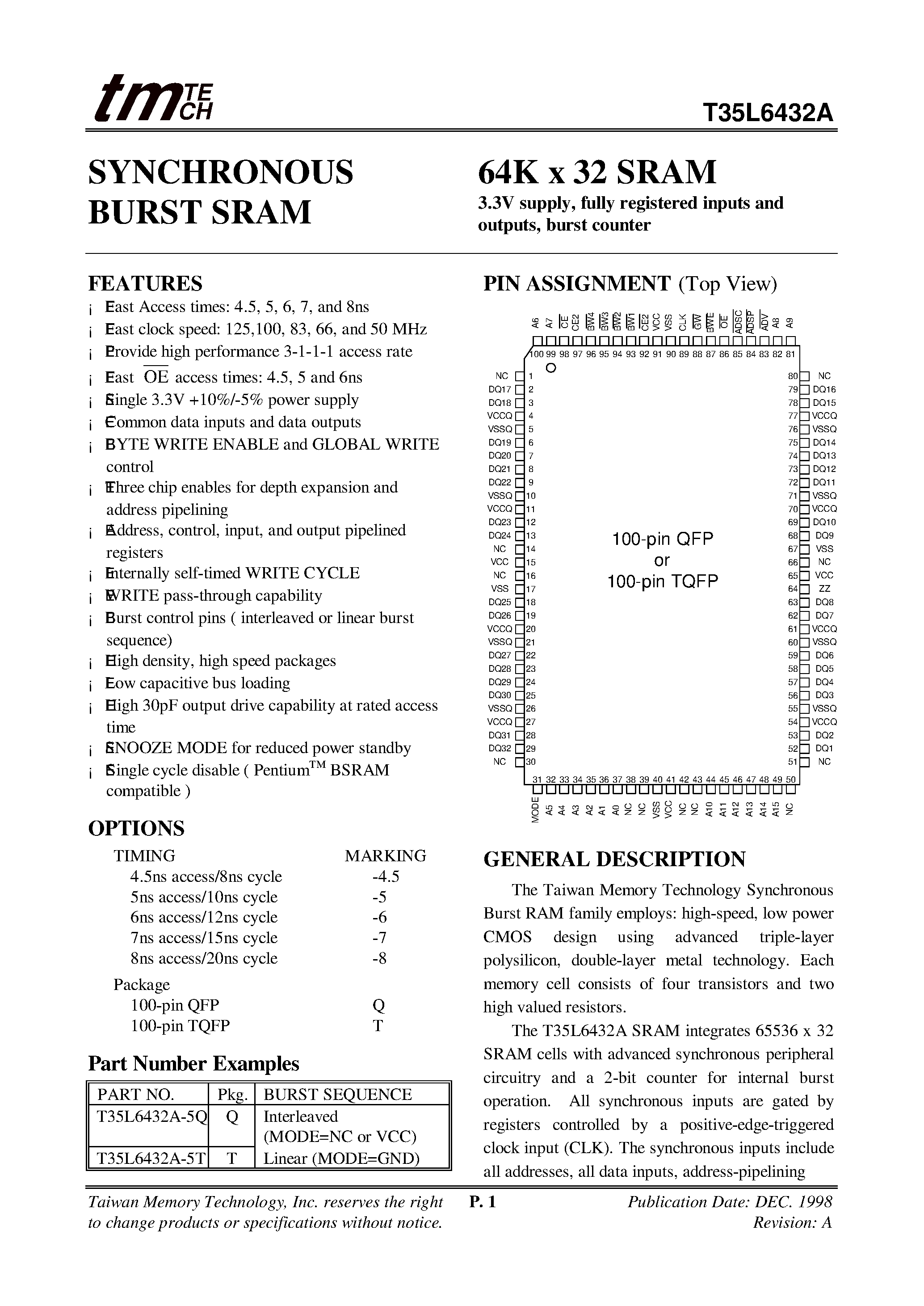 Даташит T35L6432A - 64K x 32 SRAM страница 1
