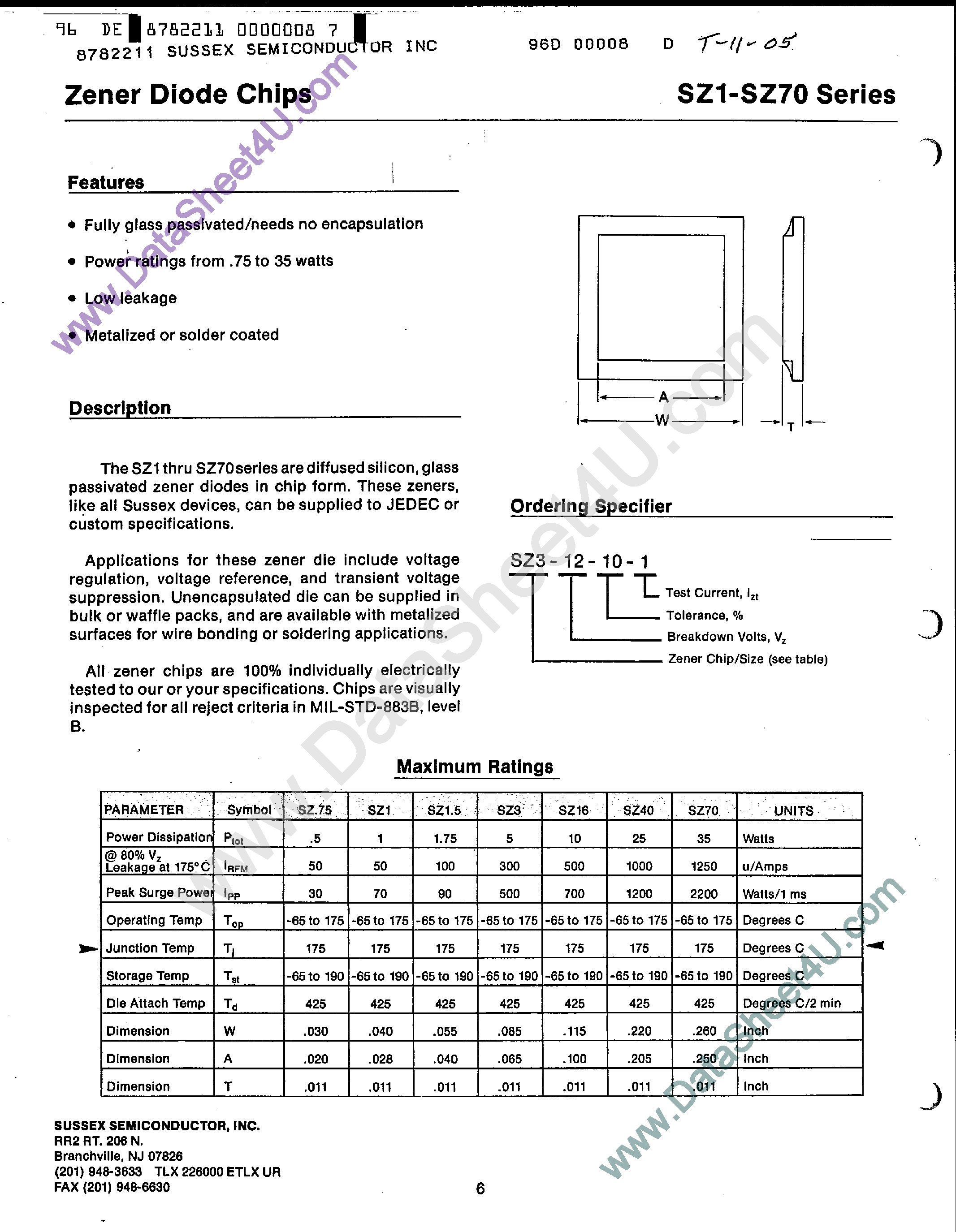 Datasheet SZ1-20-10-1 page 1 Datasheet SZ1-20-10-1 - (SZ1-xx-xx) Zener Diode Chips page 1