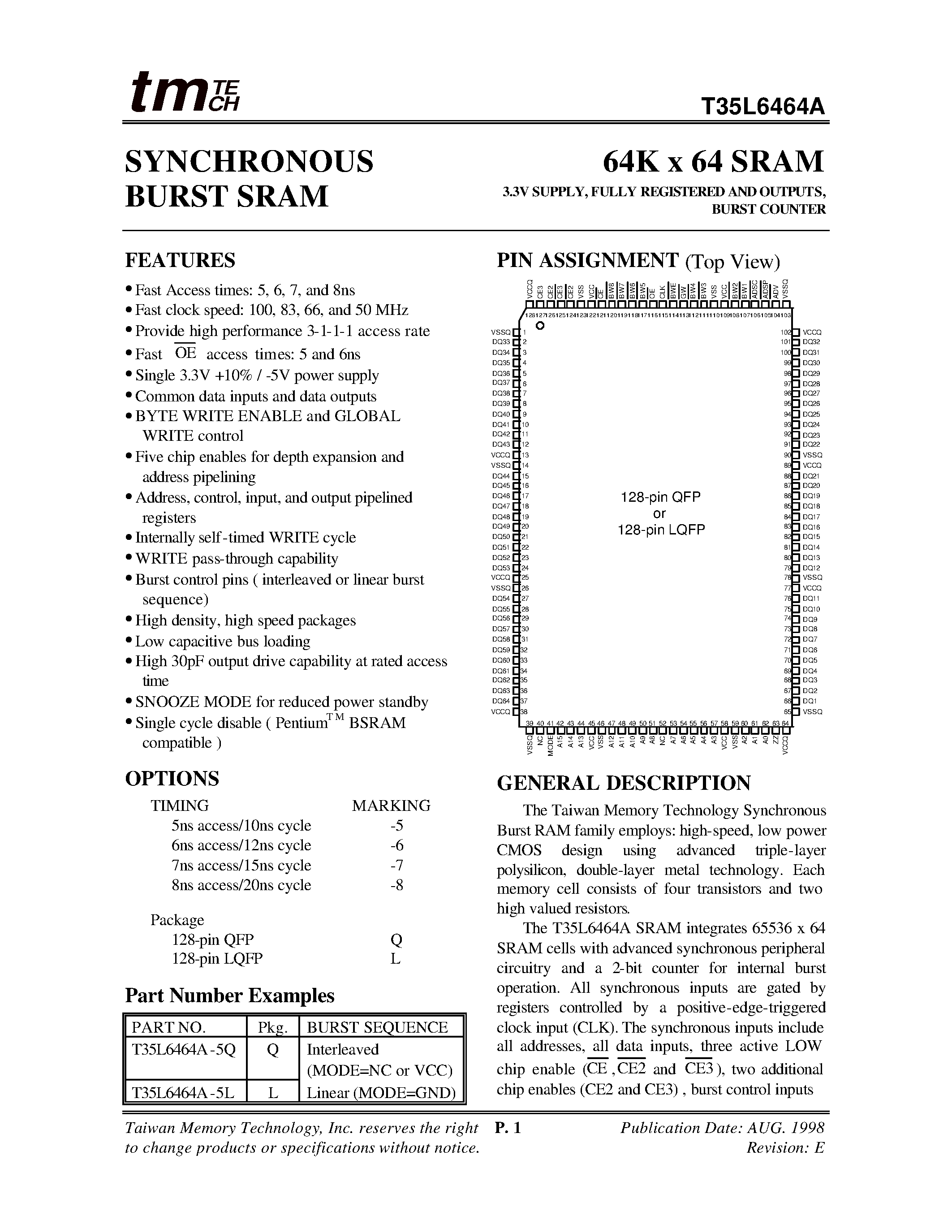 Даташит T35L6464A - 64K x 64 SRAM страница 1