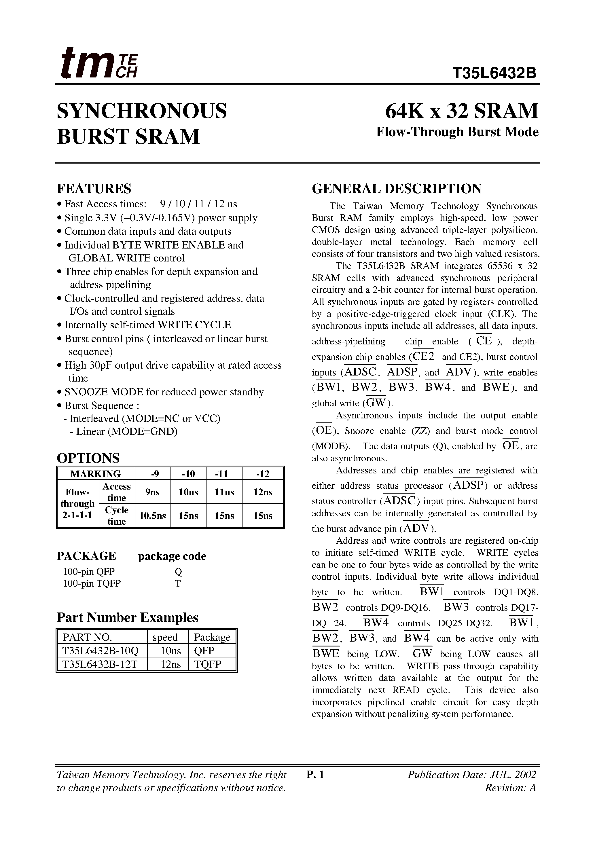 Даташит T35L6432B - 64K x 32 SRAM страница 1