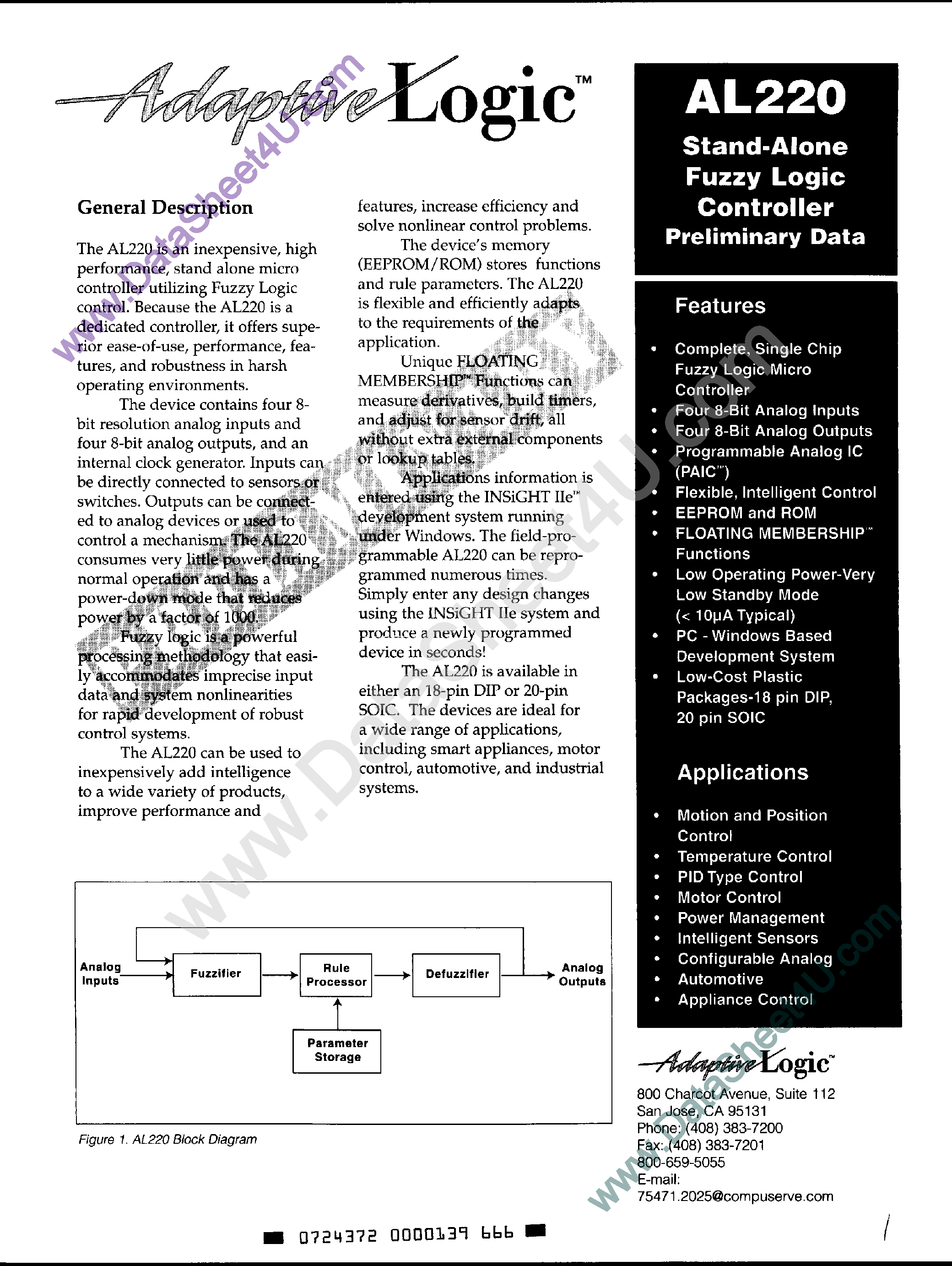 Datasheet AL220 page 1 Datasheet AL220 - Stand Alone Fuzzy Logic Controller page 1
