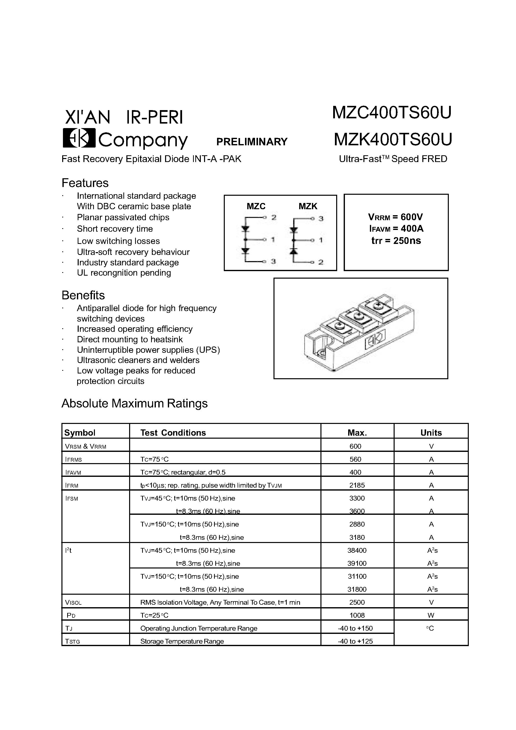 Datasheet MZK400TS60U - Fast Recovery Epitazial Diode INT-A-PAK page 1