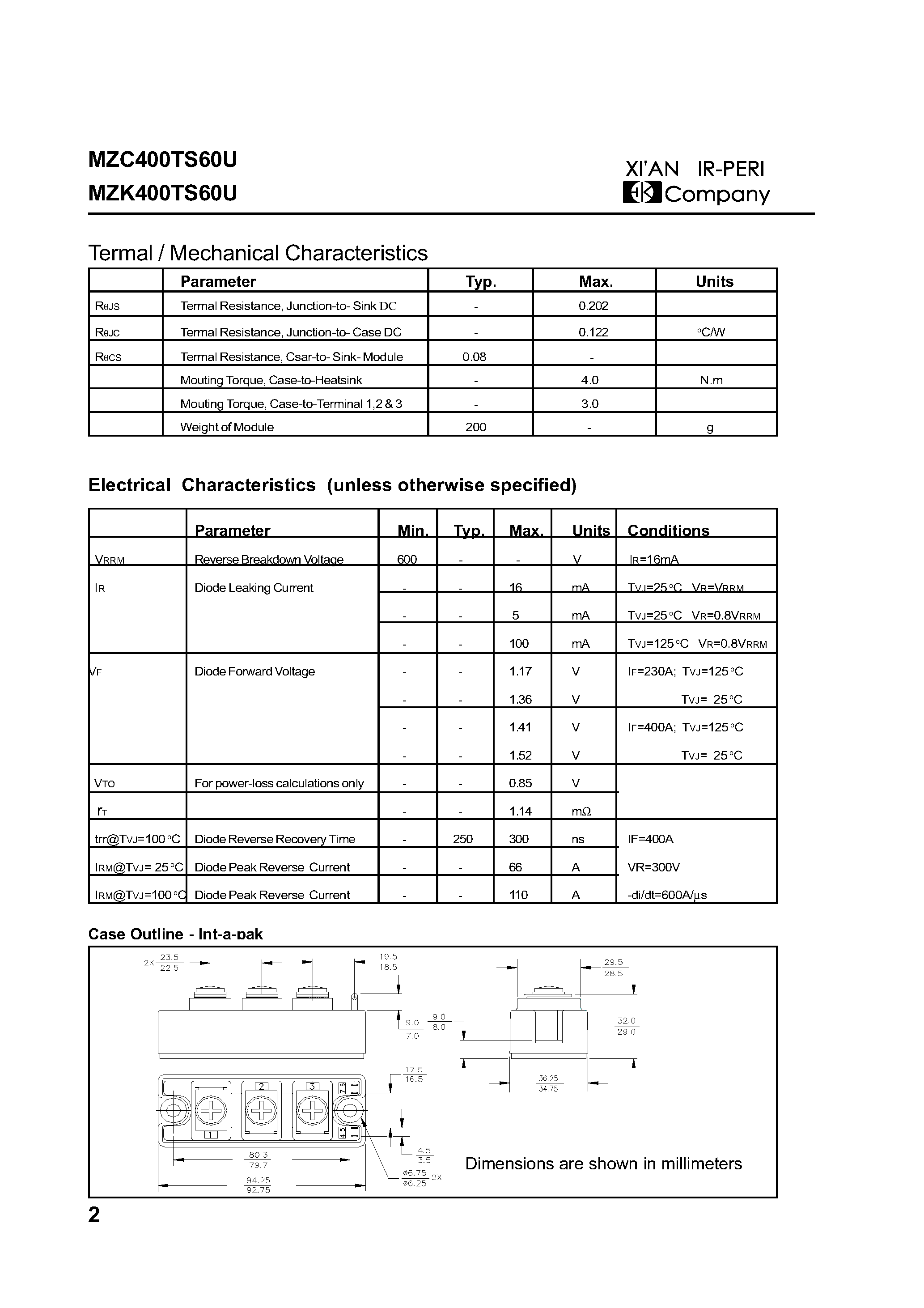 Datasheet MZK400TS60U - Fast Recovery Epitazial Diode INT-A-PAK page 2