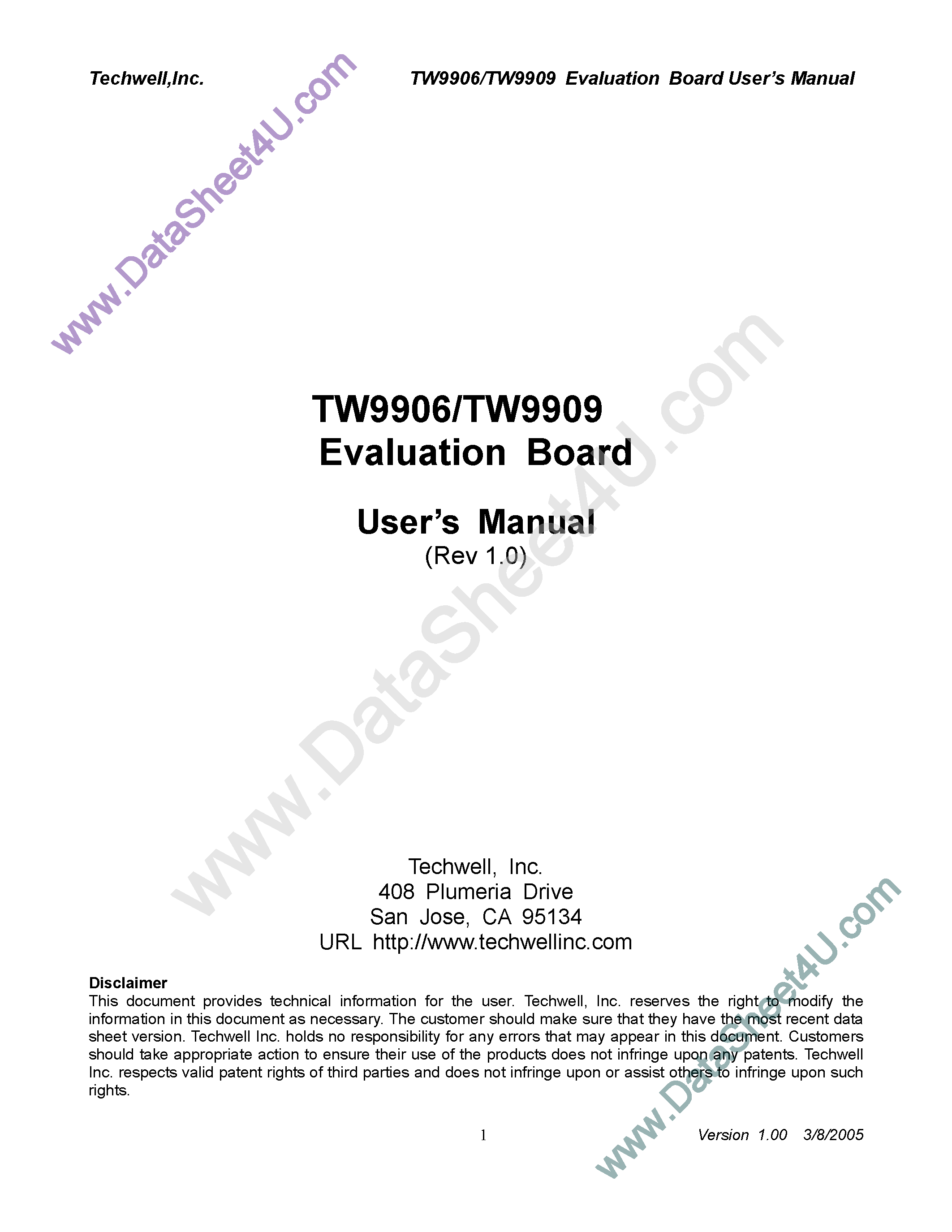 Даташит TW9906 - (TW9906 / TW9909) Evaluation Board страница 1