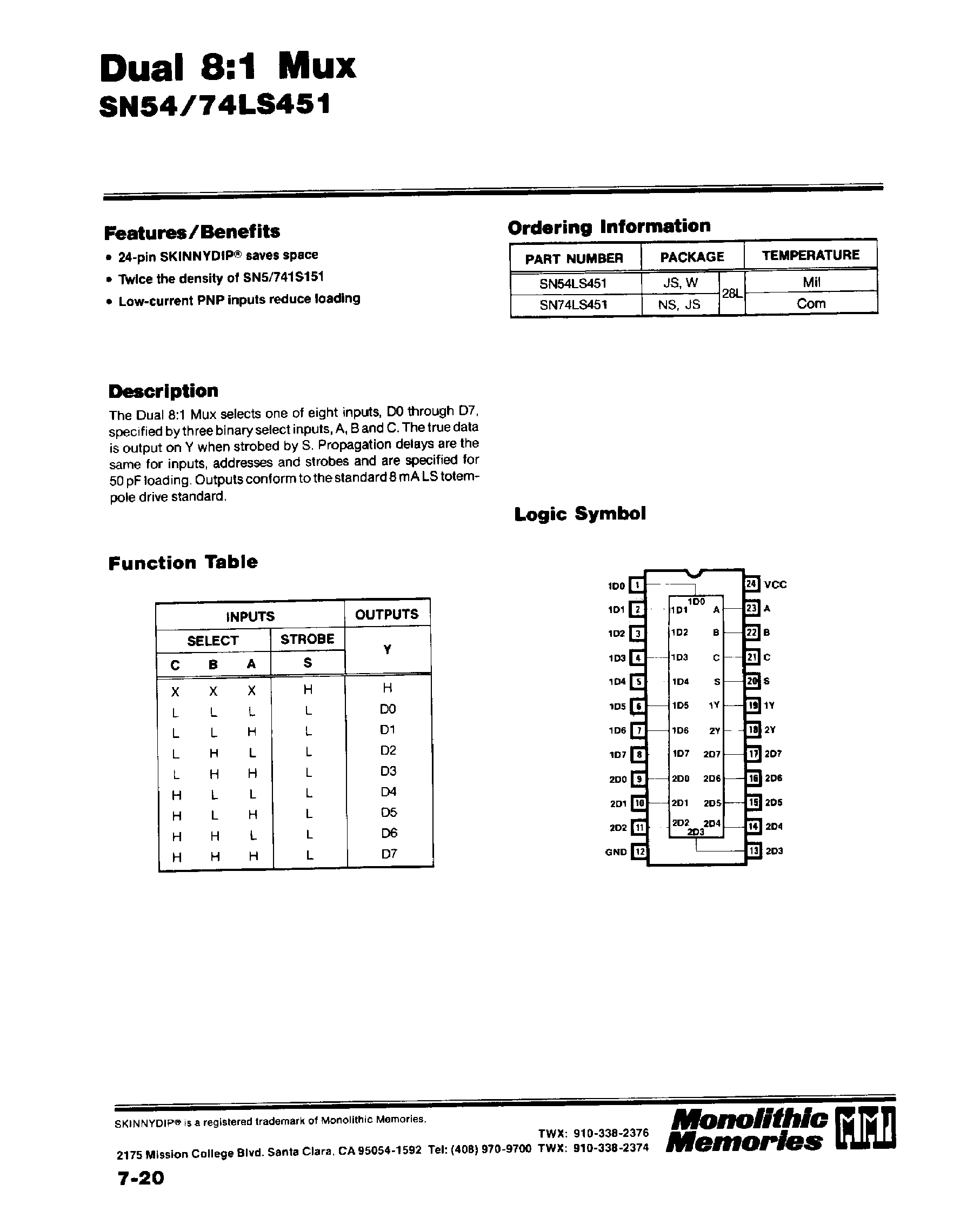 Datasheet SN54LS451 page 1 Datasheet SN54LS451 - Dual 8:1 Mux SN54/74LS451 page 1