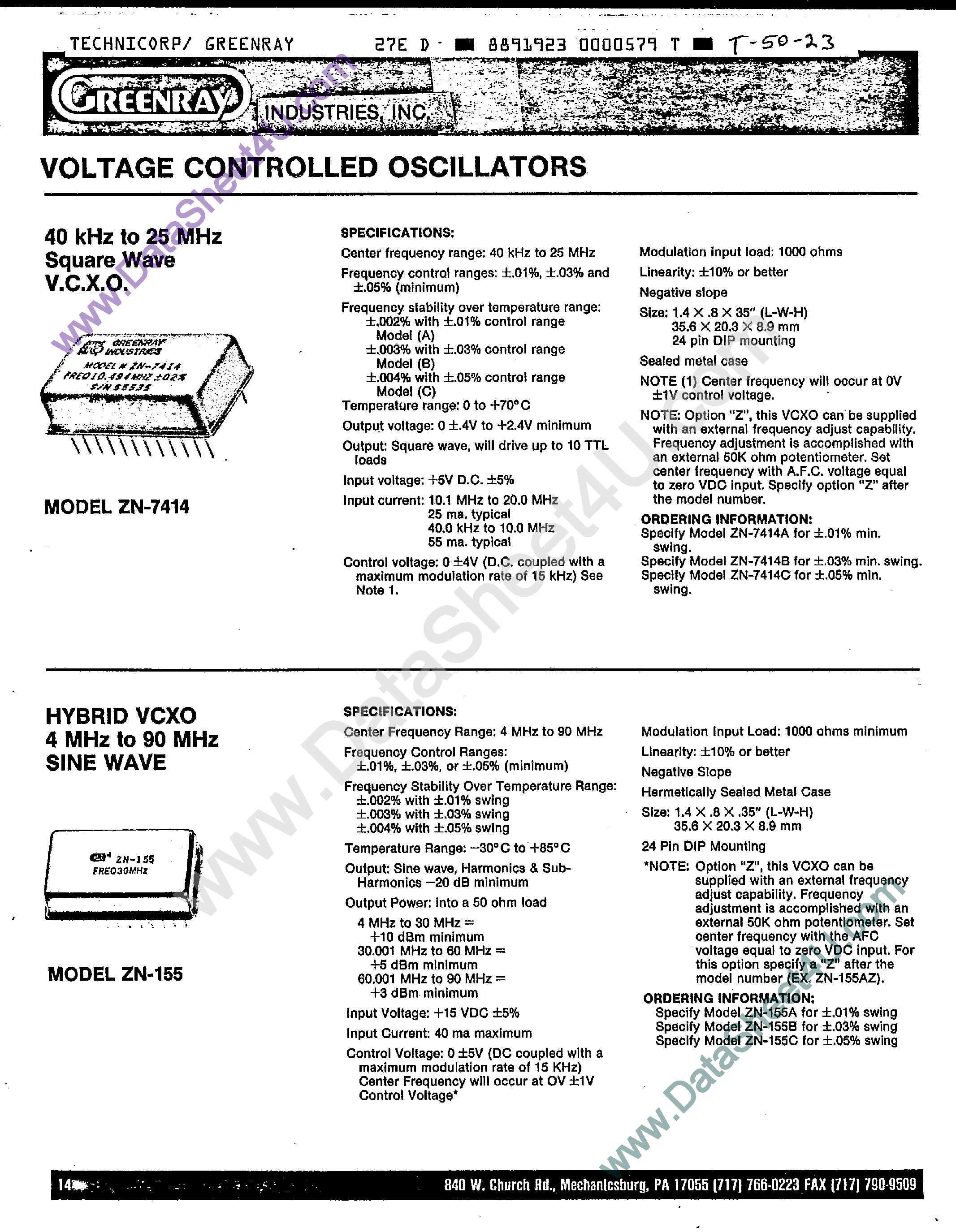Datasheet ZN-7414 - Voltage Controlled Oscillators page 1