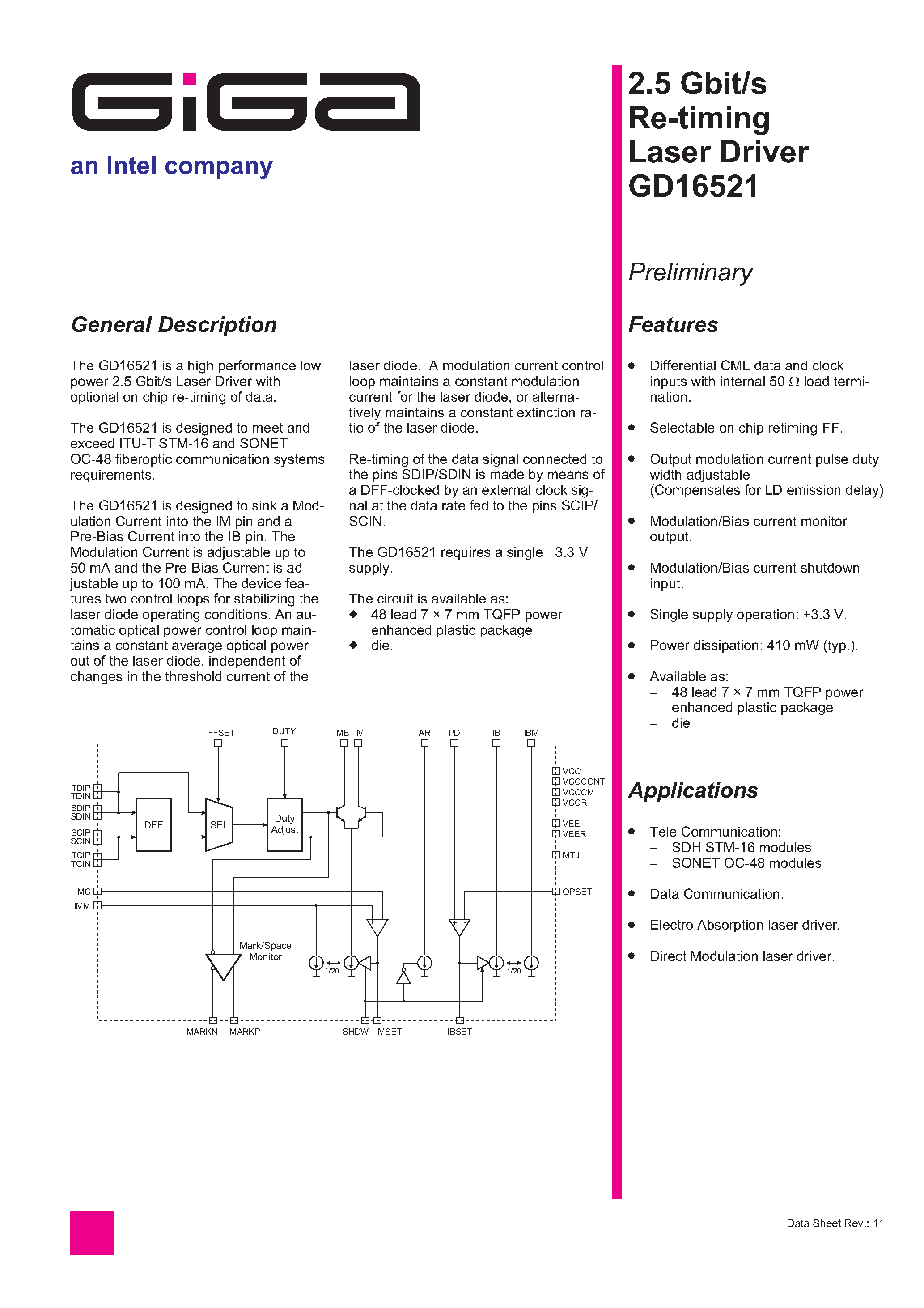 Datasheet GD16521 - 2.5 GBIT/S RE TIMING LASER DRIVER page 1