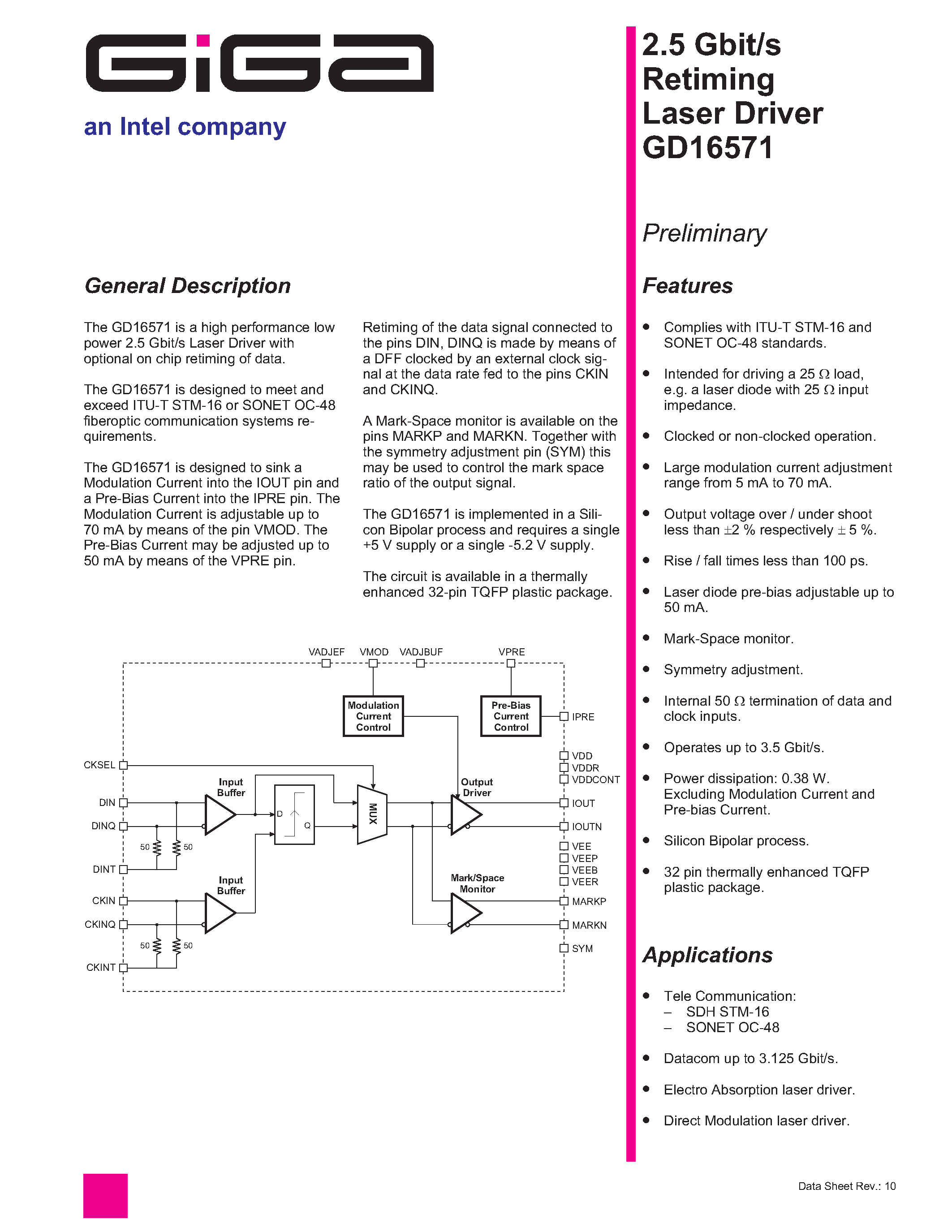 Datasheet GD16571 - 2.5 GBIT/S RETIMING LASER DRIVER page 1
