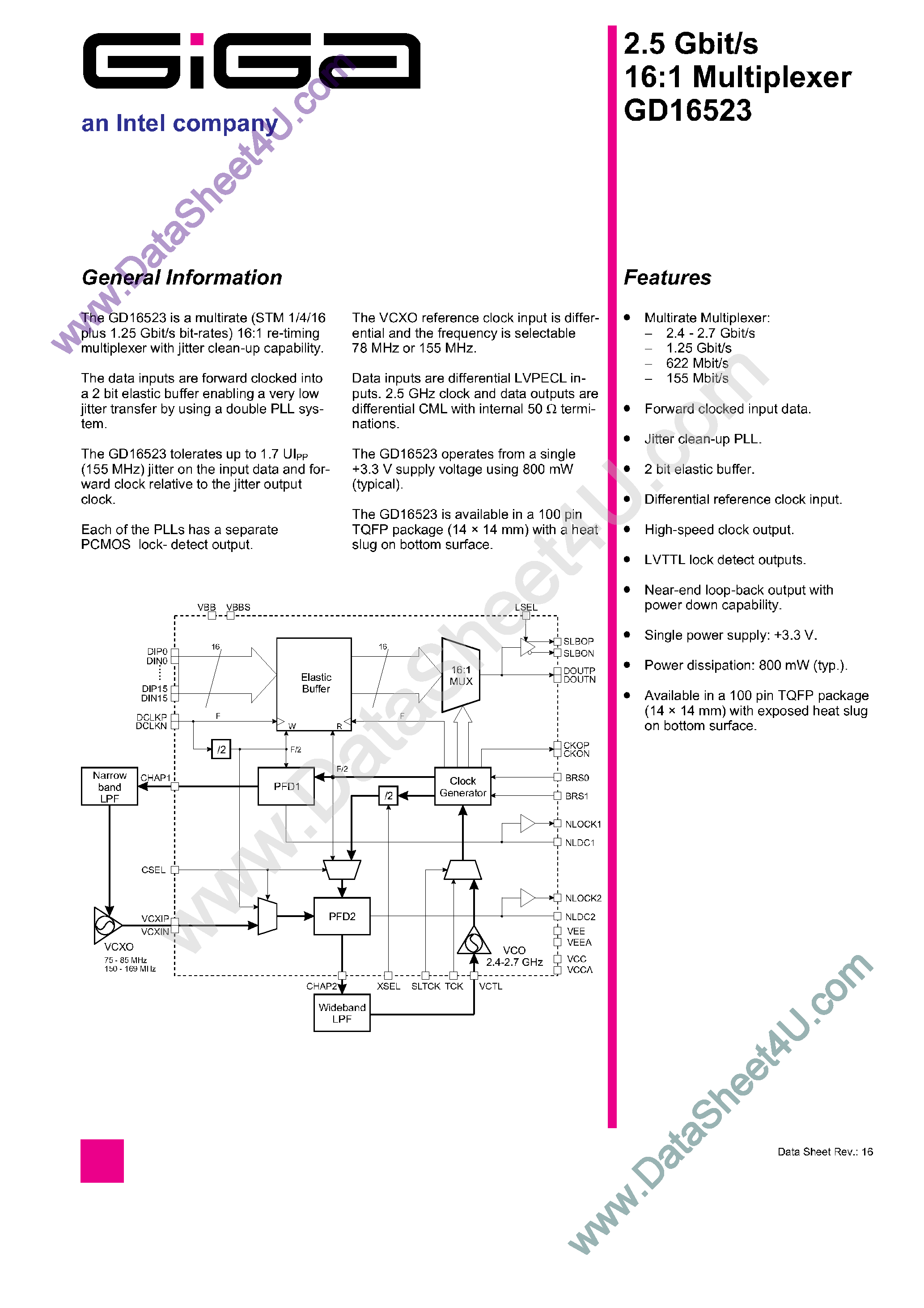 Datasheet GD16523 page 1 Datasheet GD16523 - 2.5 GBIT/S 16:1 Multiplexer page 1