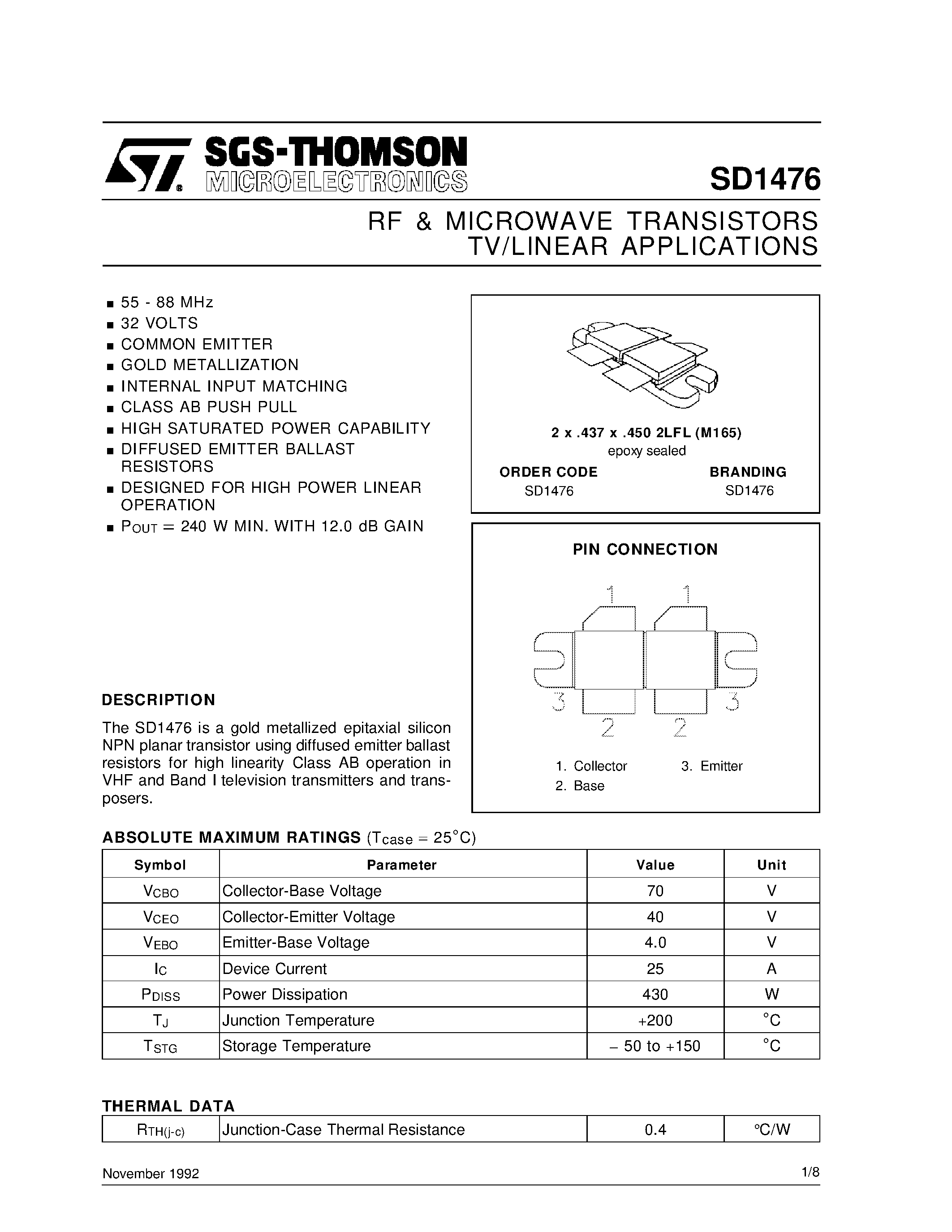 Datasheet SD1476 - RF & MICROWAVE TRANSISTORS TV/LINEAR APPLICATIONS page 1