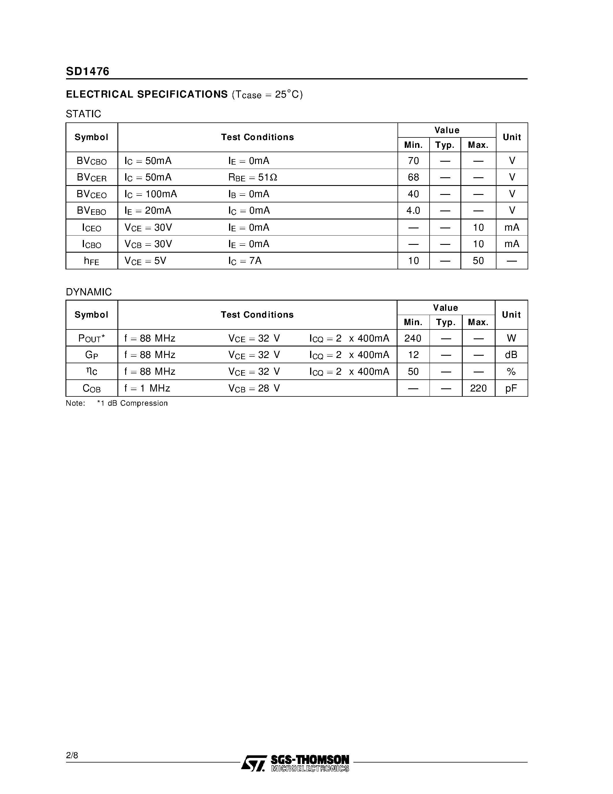 Datasheet SD1476 - RF & MICROWAVE TRANSISTORS TV/LINEAR APPLICATIONS page 2