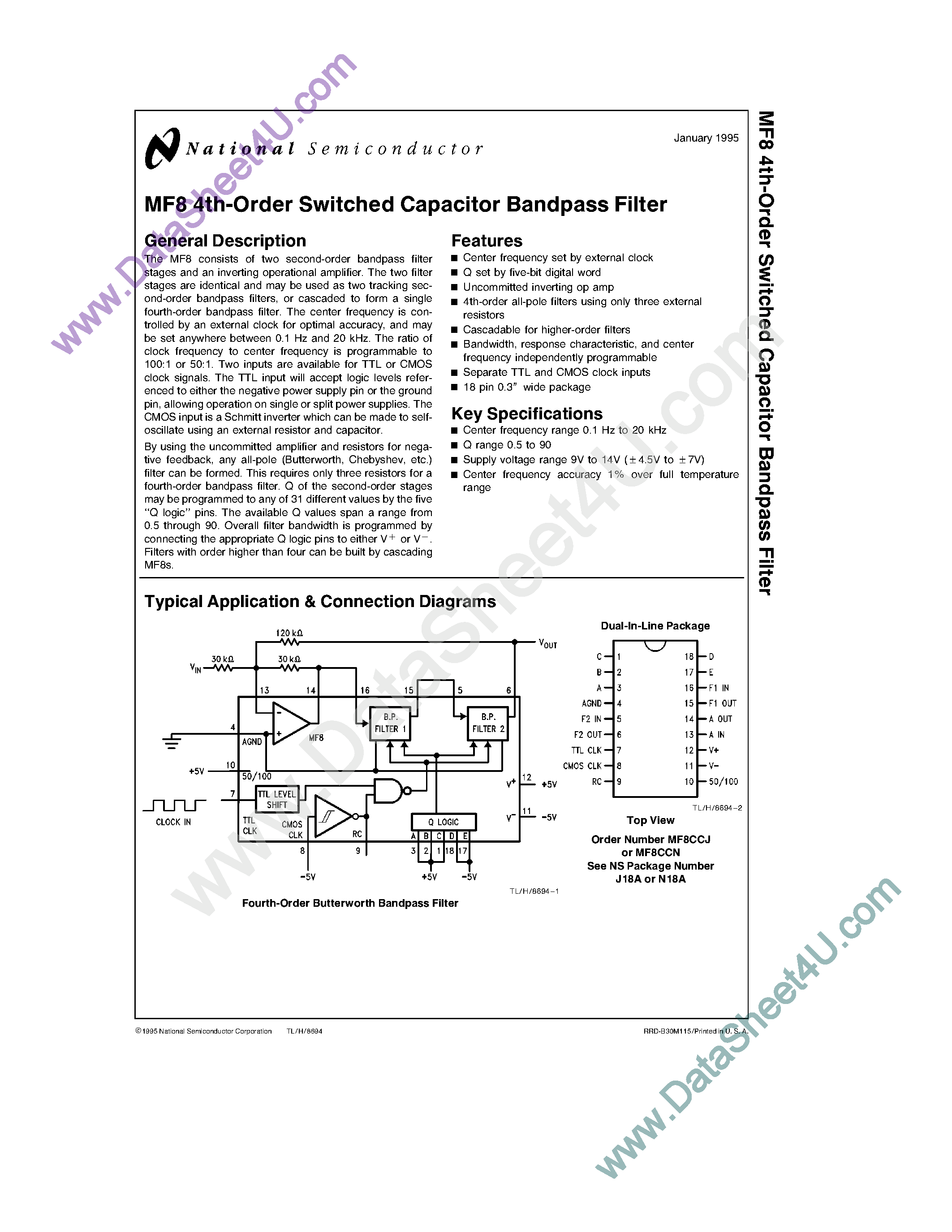 Datasheet MF8 - 4th-Order Switched Capacitor Bandpass Filter page 1