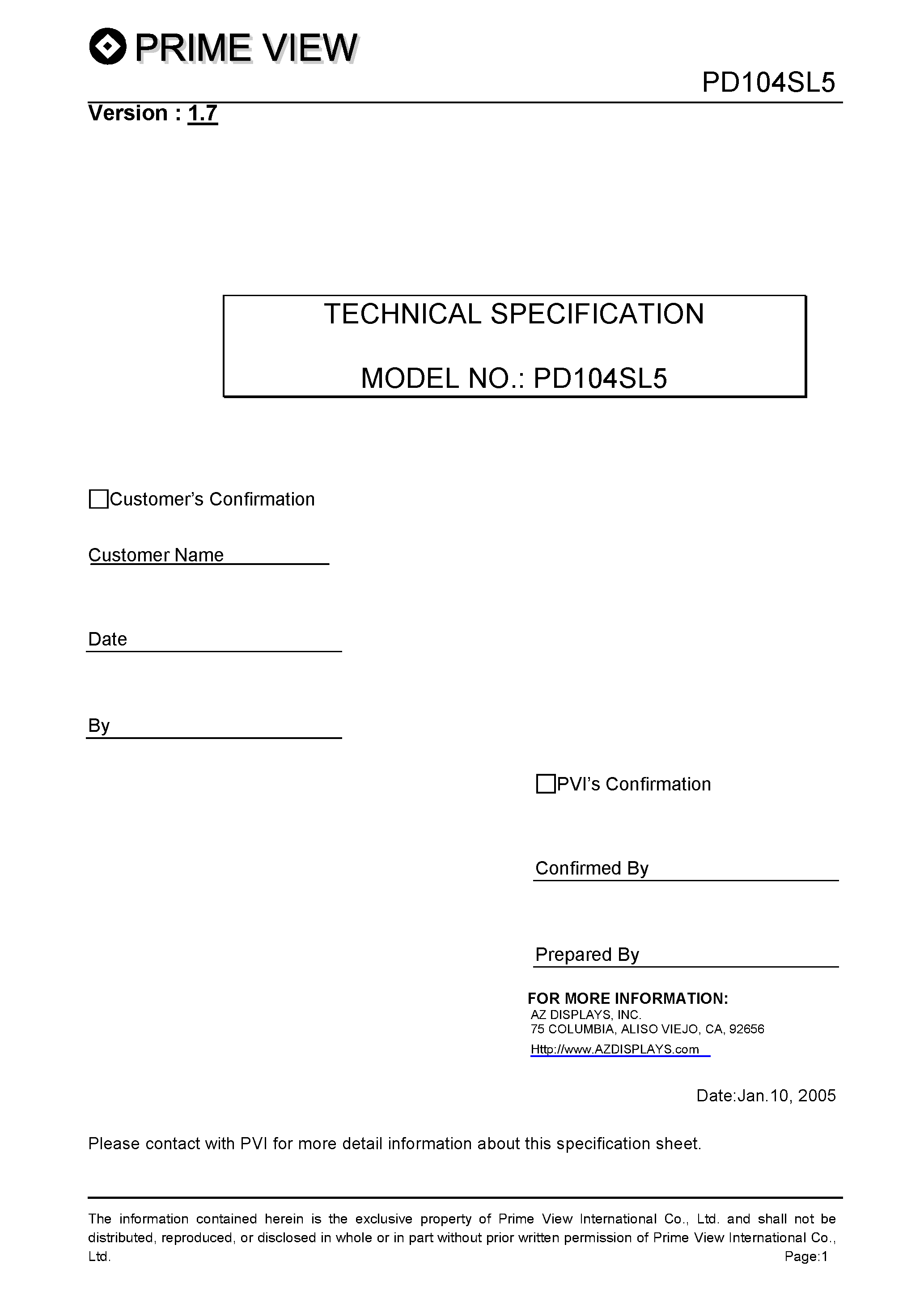 Datasheet PD104SL5 page 1 Datasheet PD104SL5 - Color TFT LCD module page 1