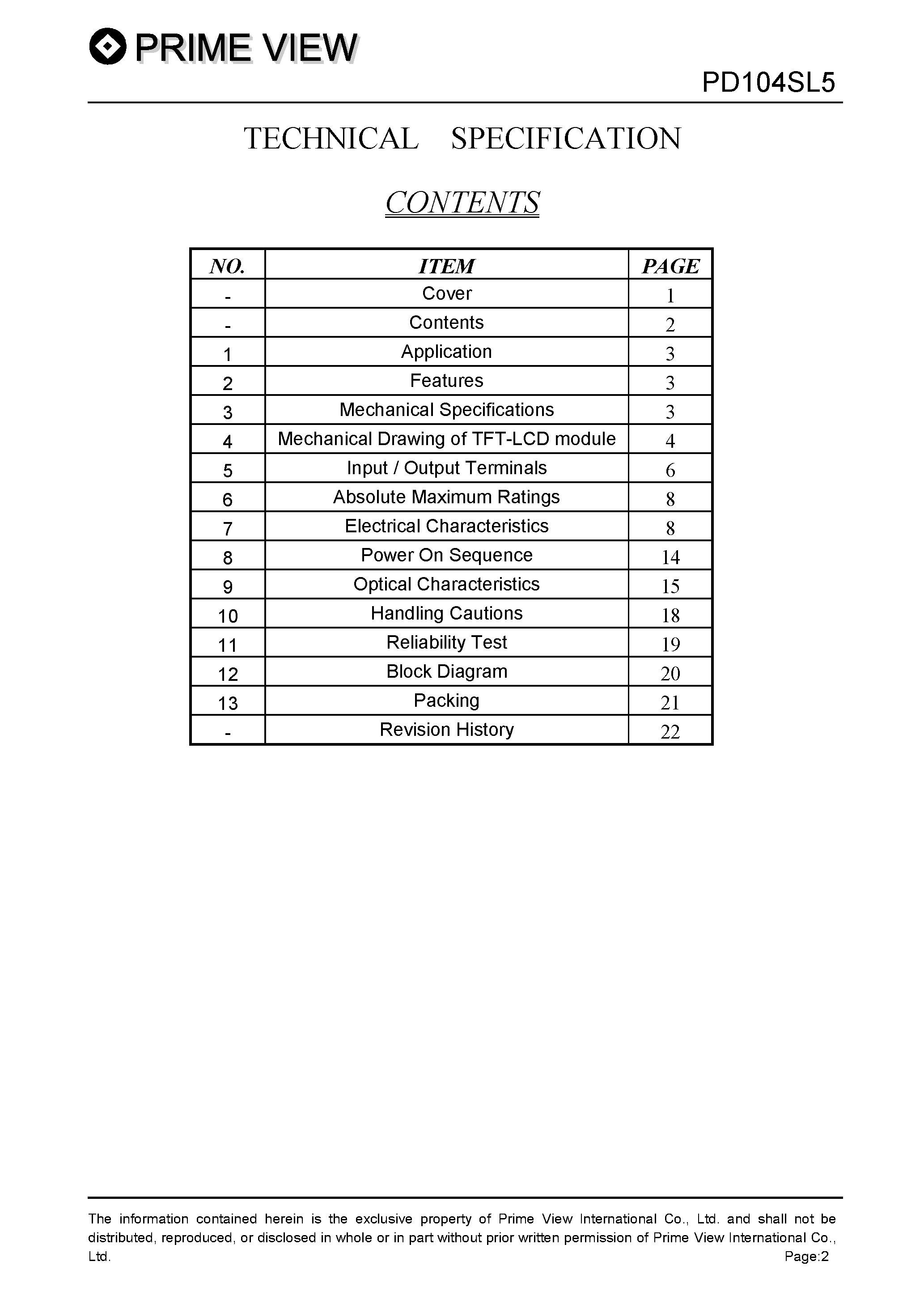 Datasheet PD104SL5 page 2 Datasheet PD104SL5 - Color TFT LCD module page 2