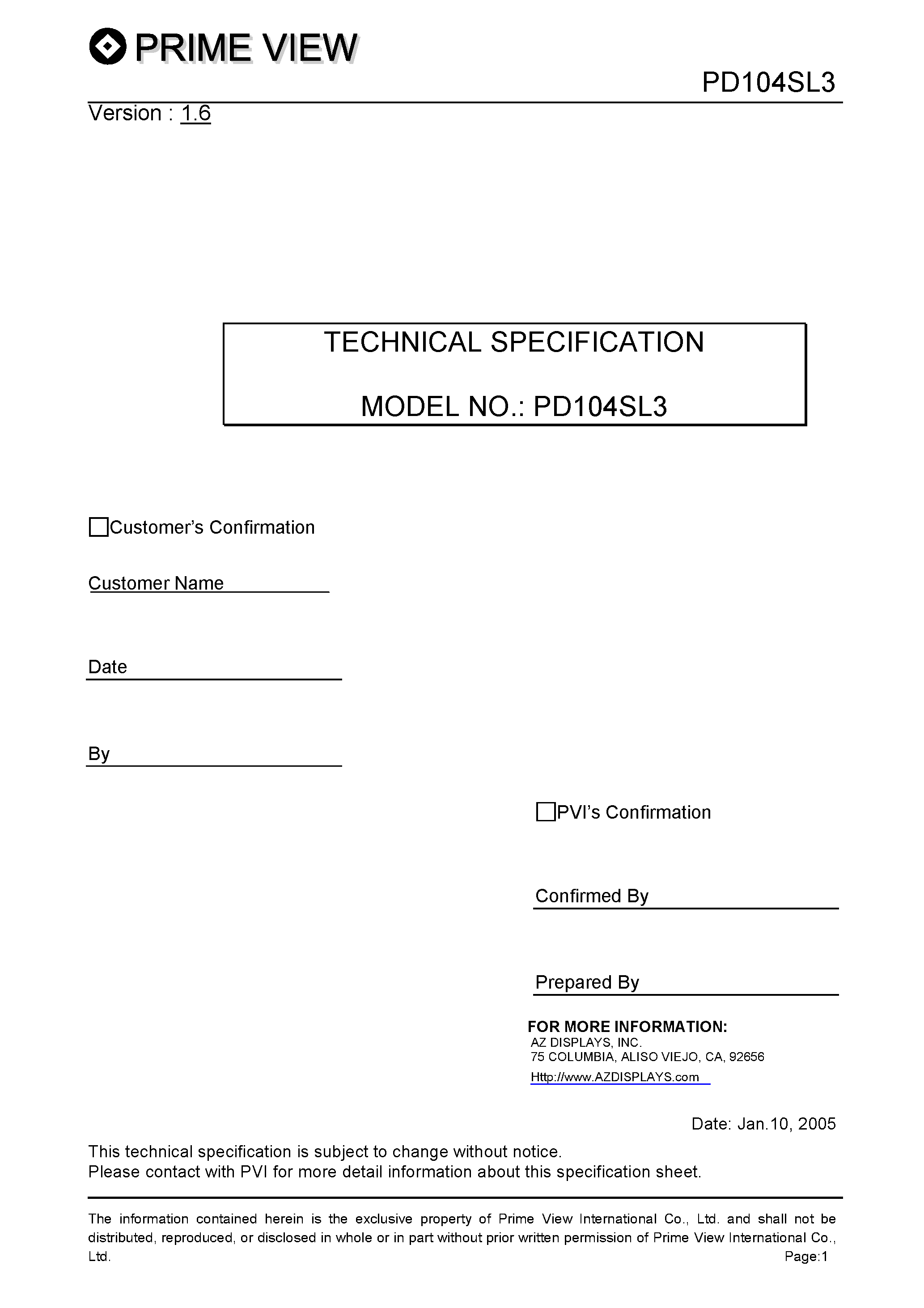 Datasheet PD104SL3 page 1 Datasheet PD104SL3 - Color TFT LCD module page 1