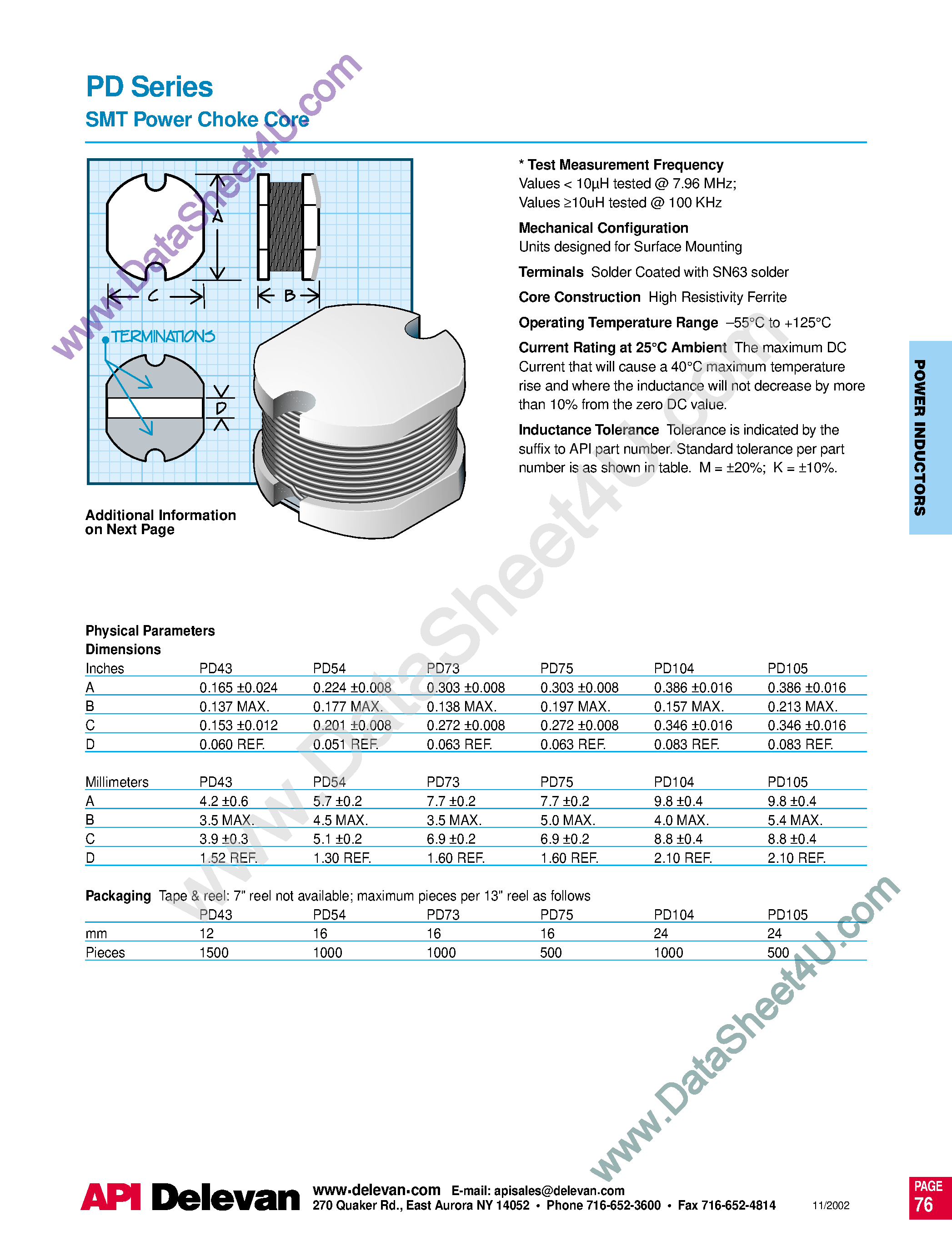 Datasheet PD104 page 1 Datasheet PD104 - PD Series / SMT Power Chock Core page 1