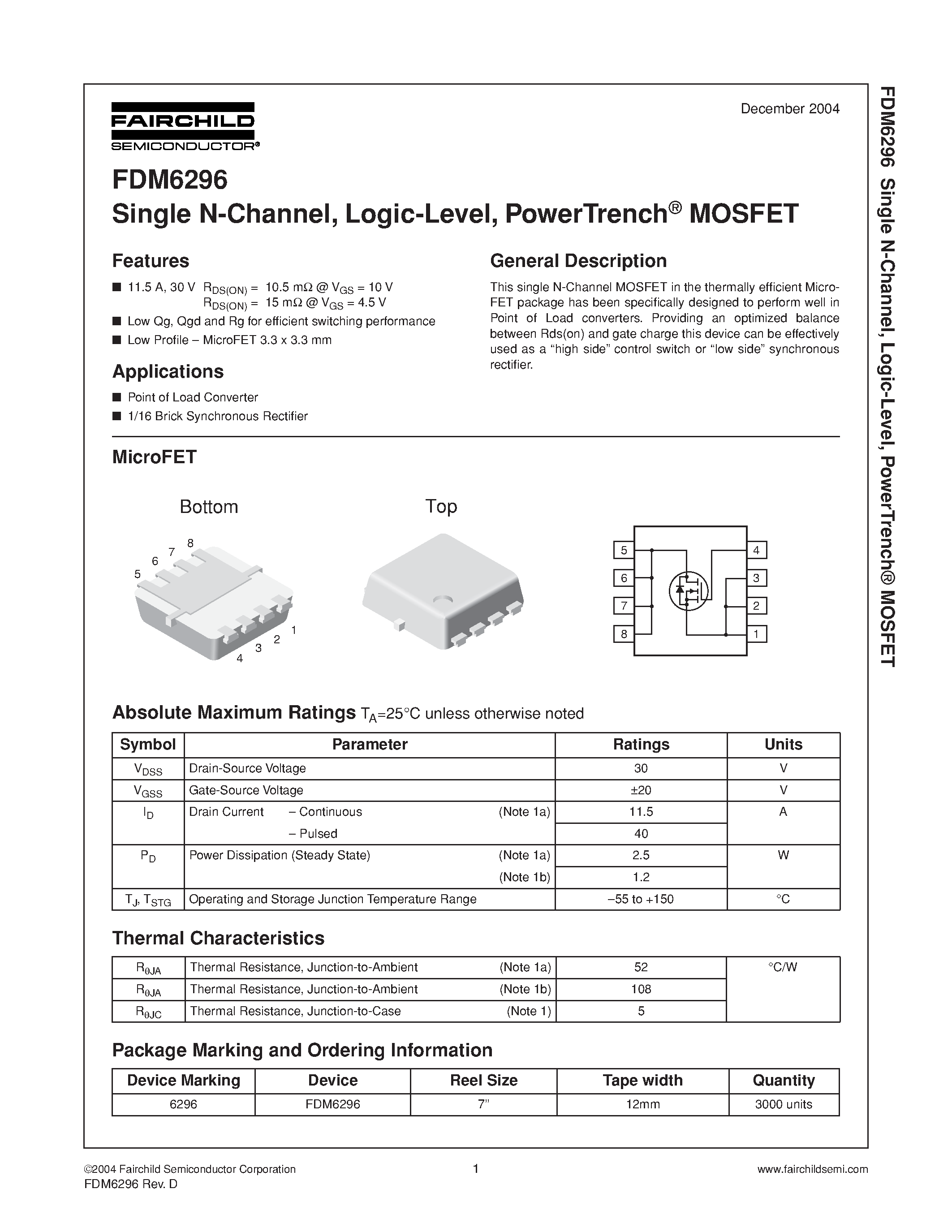 Datasheet FDM6296 - Single N-Channel / Logic-Level / PowerTrench MOSFET page 1