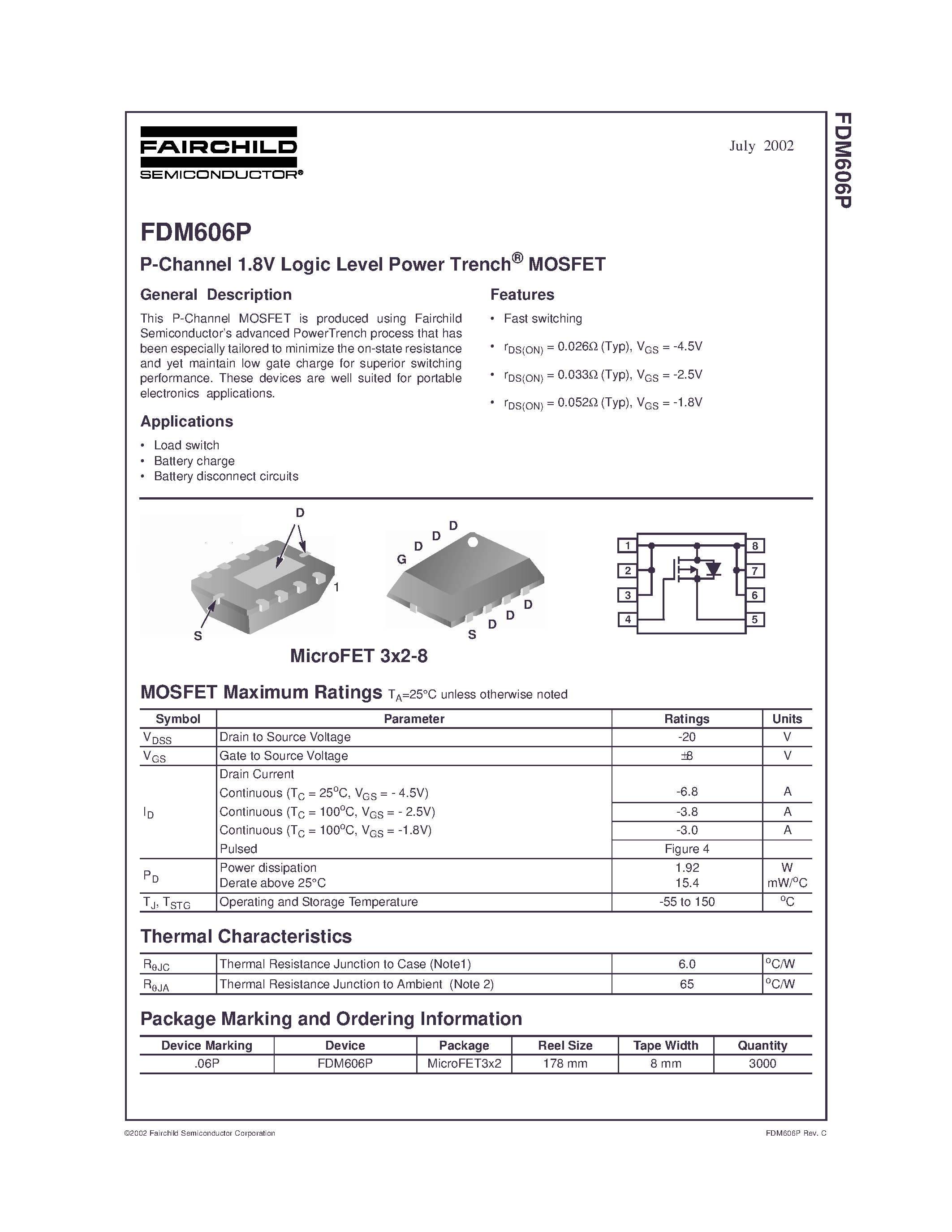 Datasheet FDM606P - P-Channel 1.8V Logic Level Power Trench MOSFET page 1