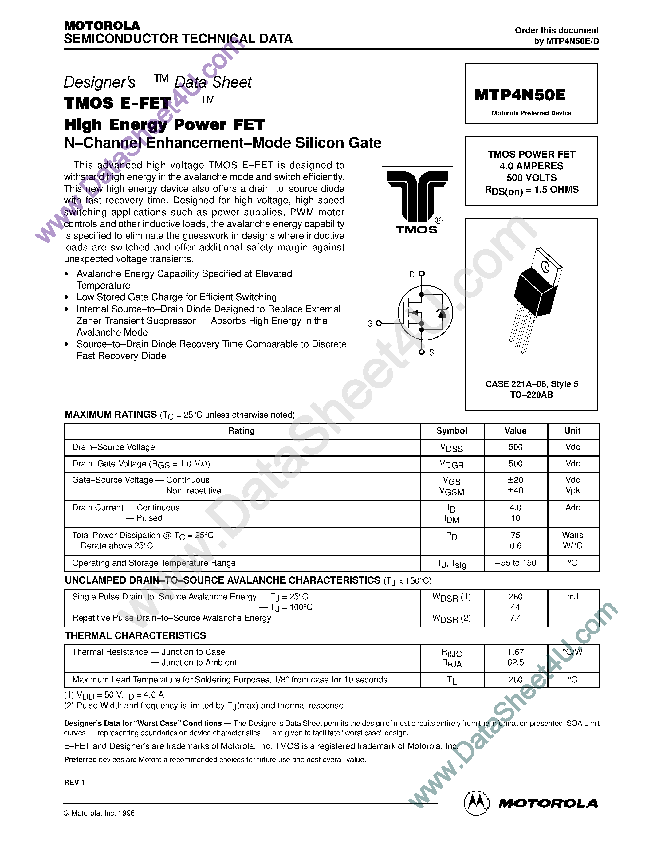 Datasheet MTP4N50E page 1 Datasheet MTP4N50E - TMOS POWER FET 4.0 AMPERES 500 VOLTS page 1