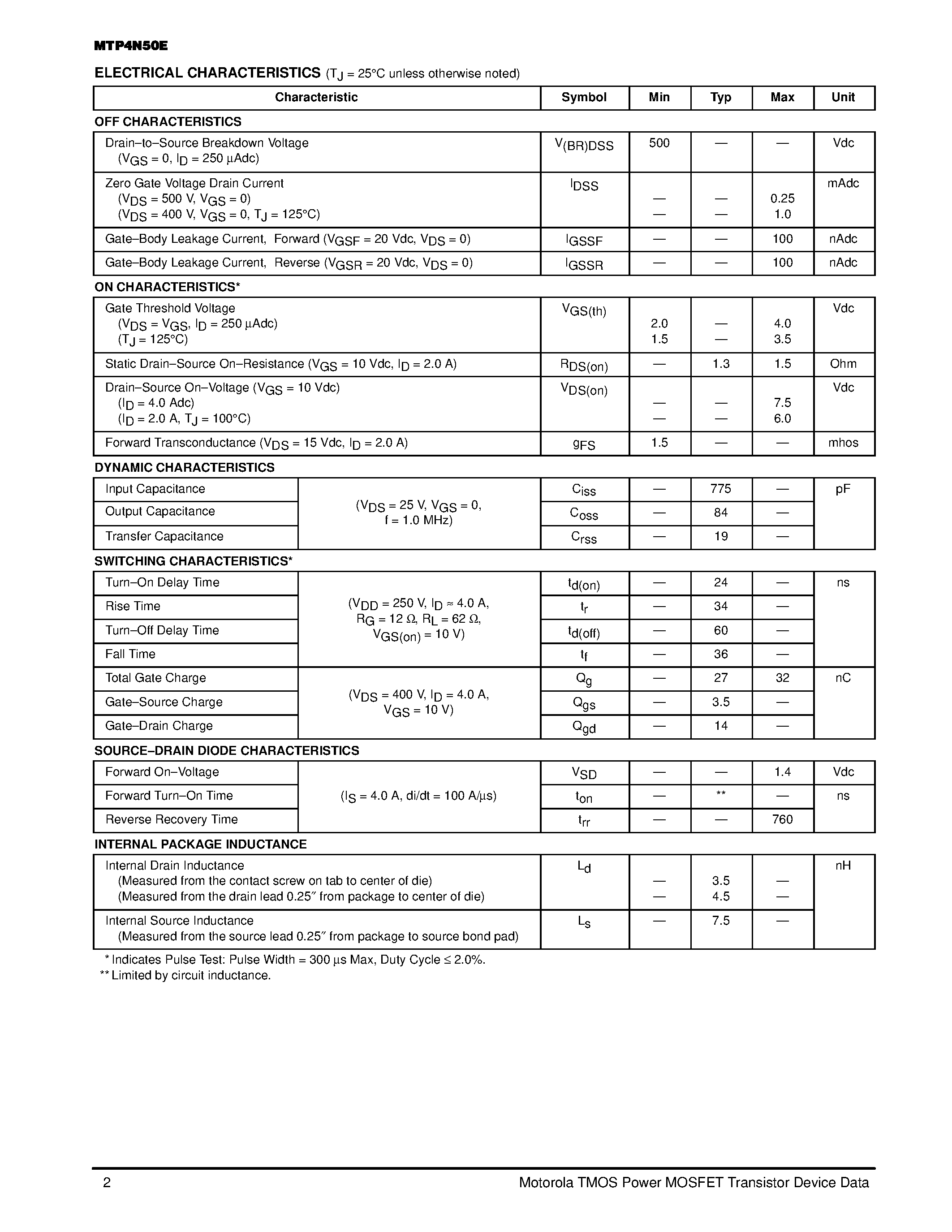 Datasheet MTP4N50E page 2 Datasheet MTP4N50E - TMOS POWER FET 4.0 AMPERES 500 VOLTS page 2