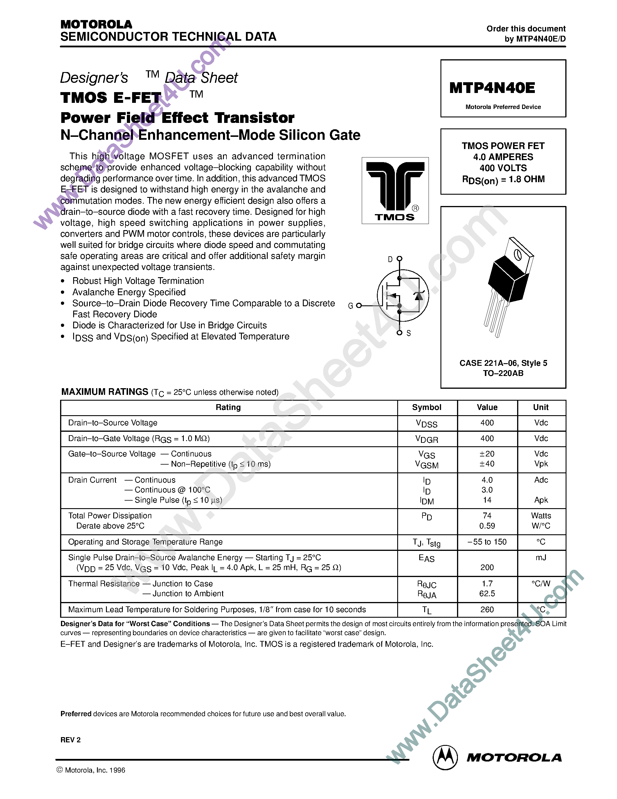 Datasheet MTP4N40E page 1 Datasheet MTP4N40E - TMOS POWER FET 4.0 AMPERES 400 VOLTS page 1