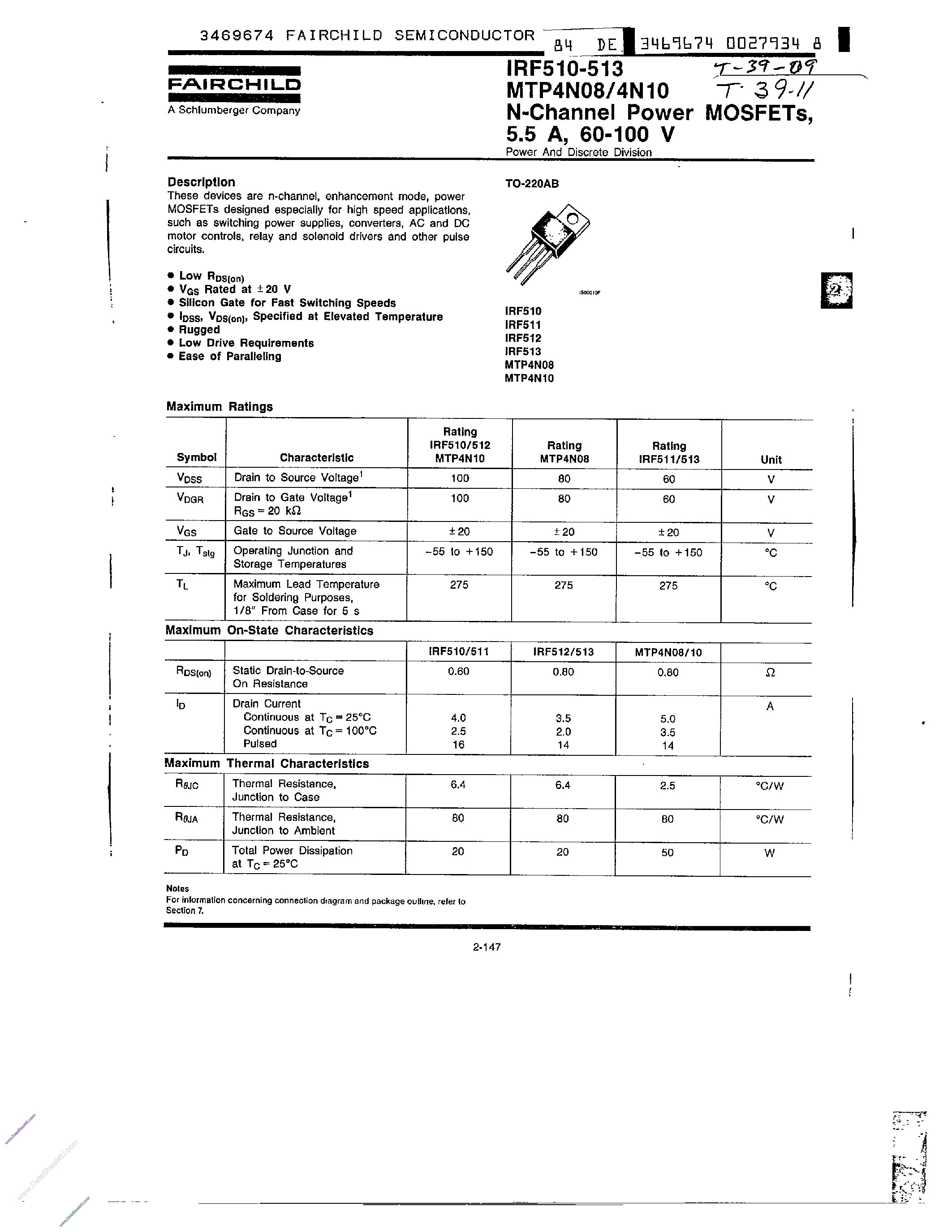 Datasheet MTP4N08 - (MTP4N08 / MTP4N10) N-Channel Power MOSFETs page 1