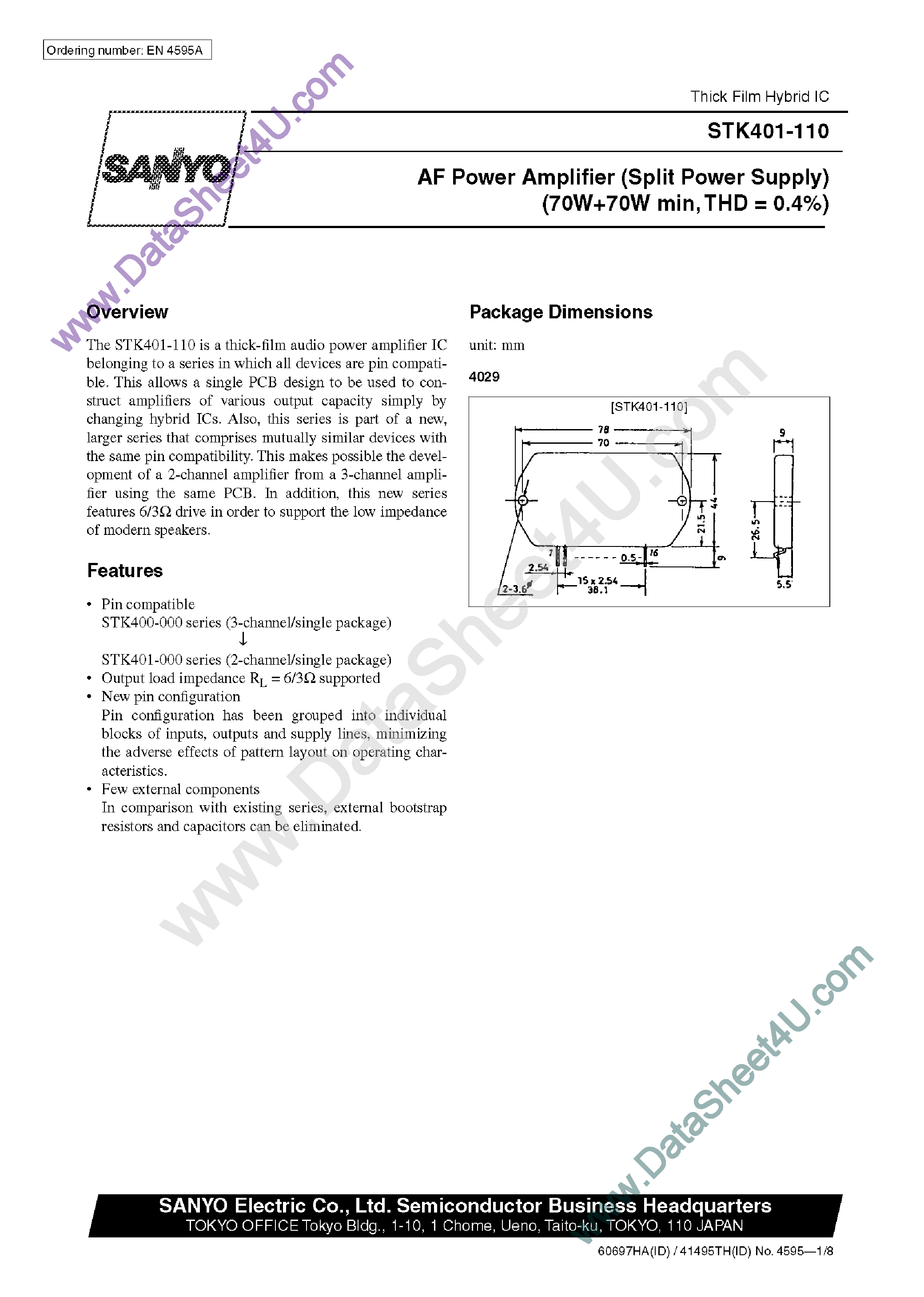 Даташит на микросхему STK401-110 страница 1 Даташит STK401-110 - AF Power Amplifier страница 1