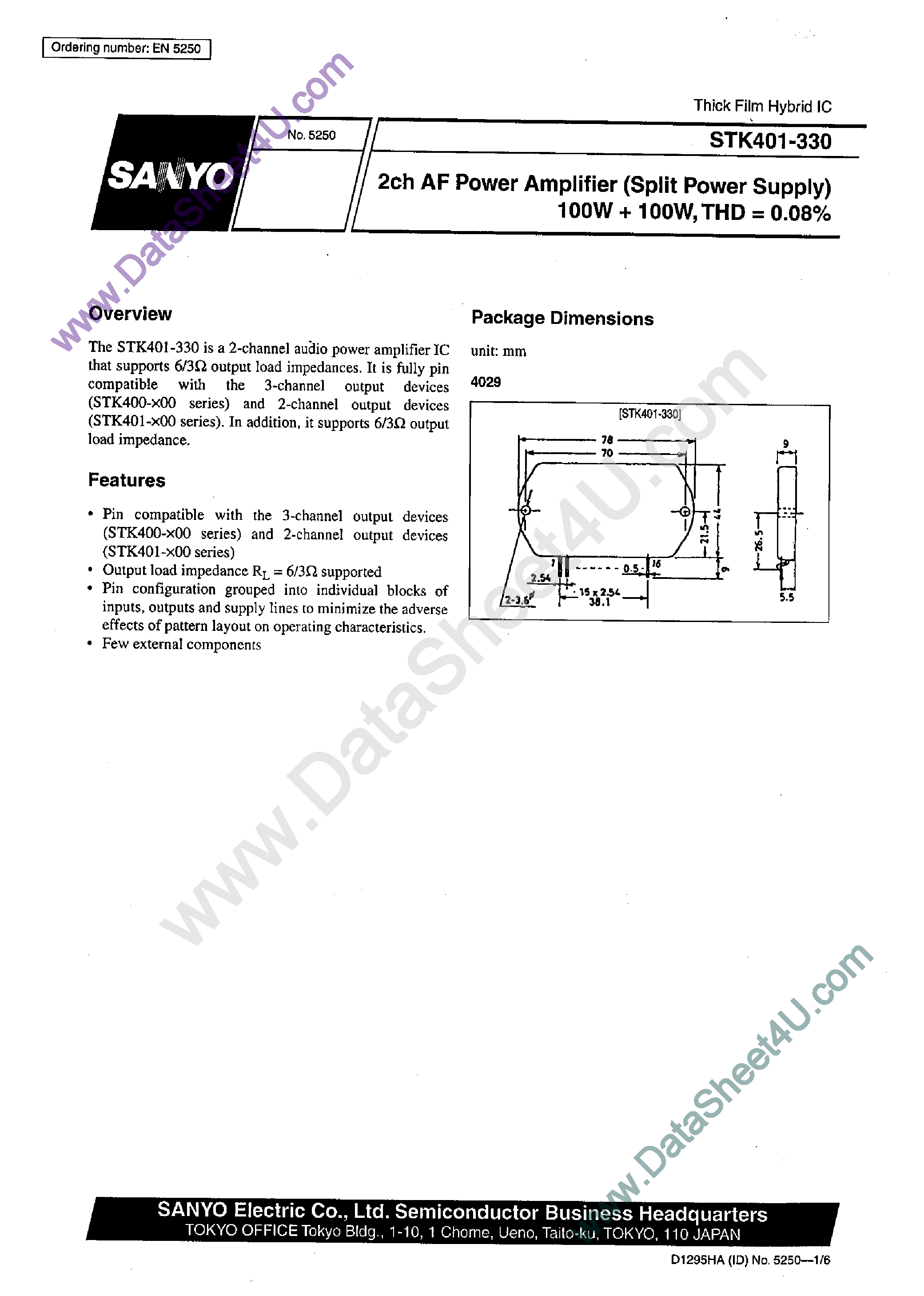 Datasheet STK401-330 page 1 Datasheet STK401-330 - AF Power Amplifier page 1