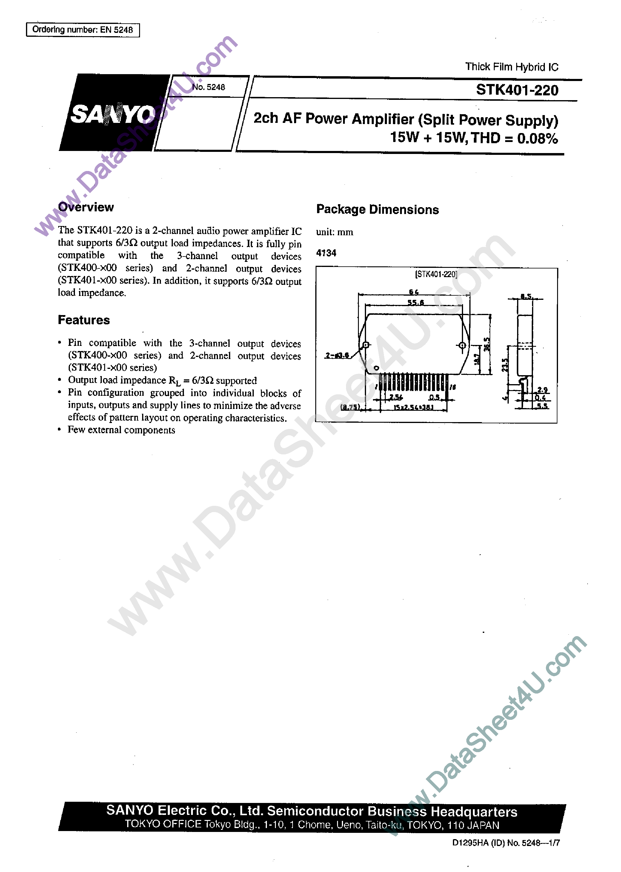 Datasheet STK401-220 page 1 Datasheet STK401-220 - AF Power Amplifier page 1