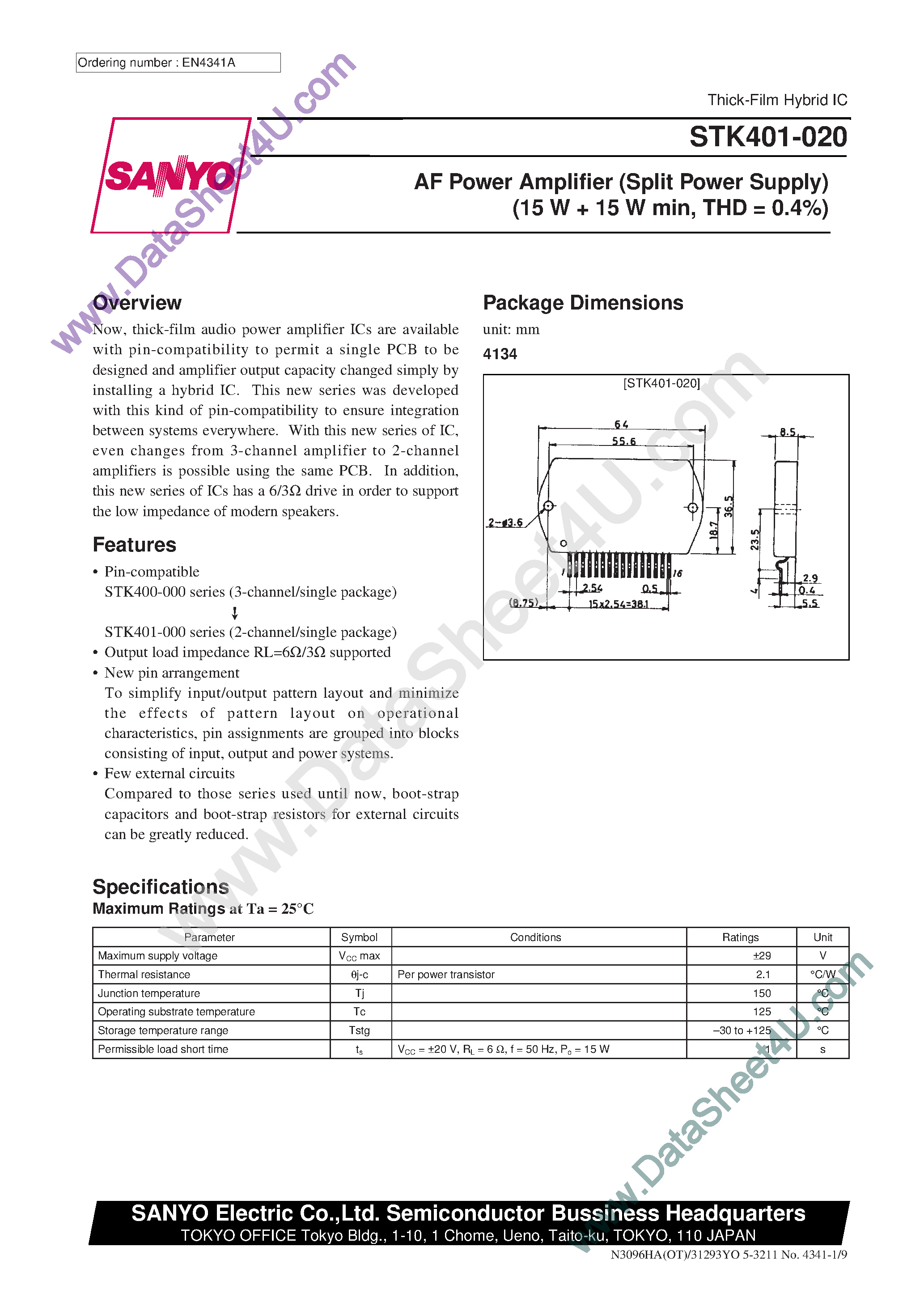 Даташит на микросхему STK401-020 страница 1 Даташит STK401-020 - AF Power Amplifier страница 1