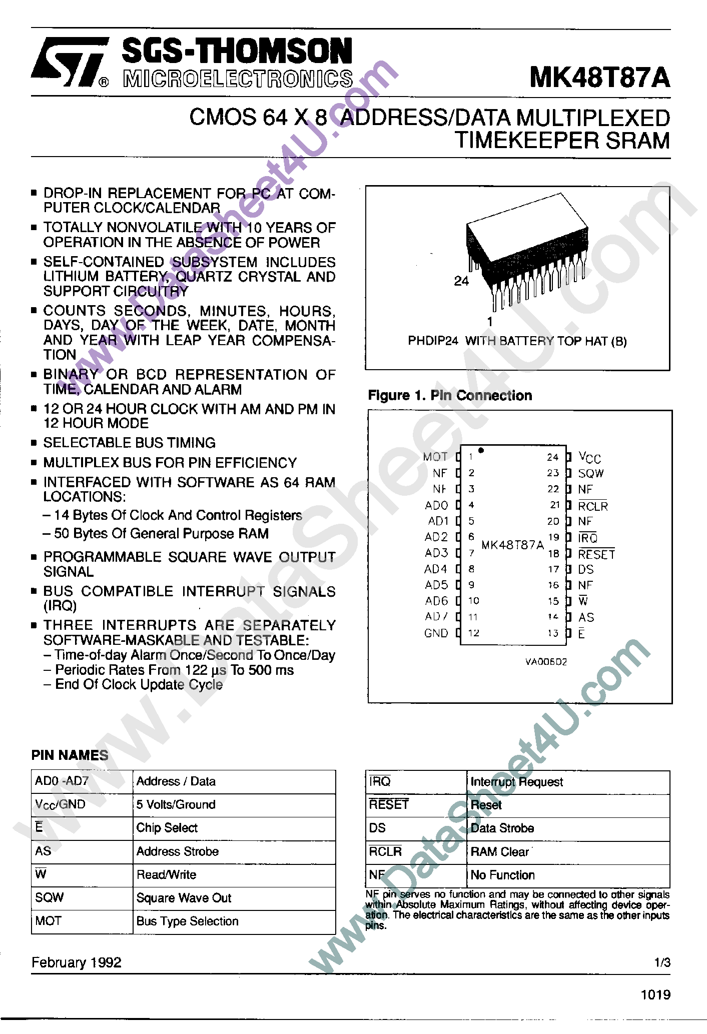 Datasheet MK48T87A page 1 Datasheet MK48T87A - CMOS 64 x 8 Address / Data Multiplexed Timekeeper SRAM page 1
