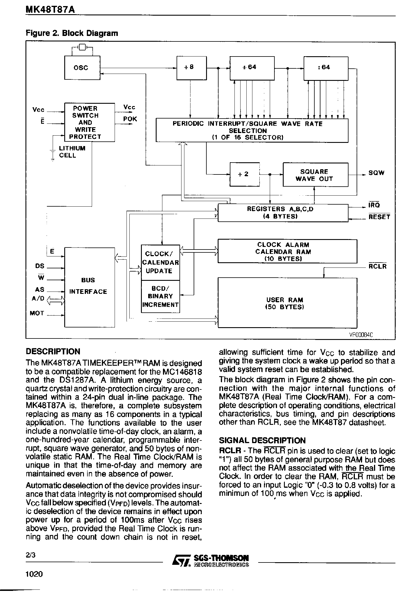Datasheet MK48T87A page 2 Datasheet MK48T87A - CMOS 64 x 8 Address / Data Multiplexed Timekeeper SRAM page 2