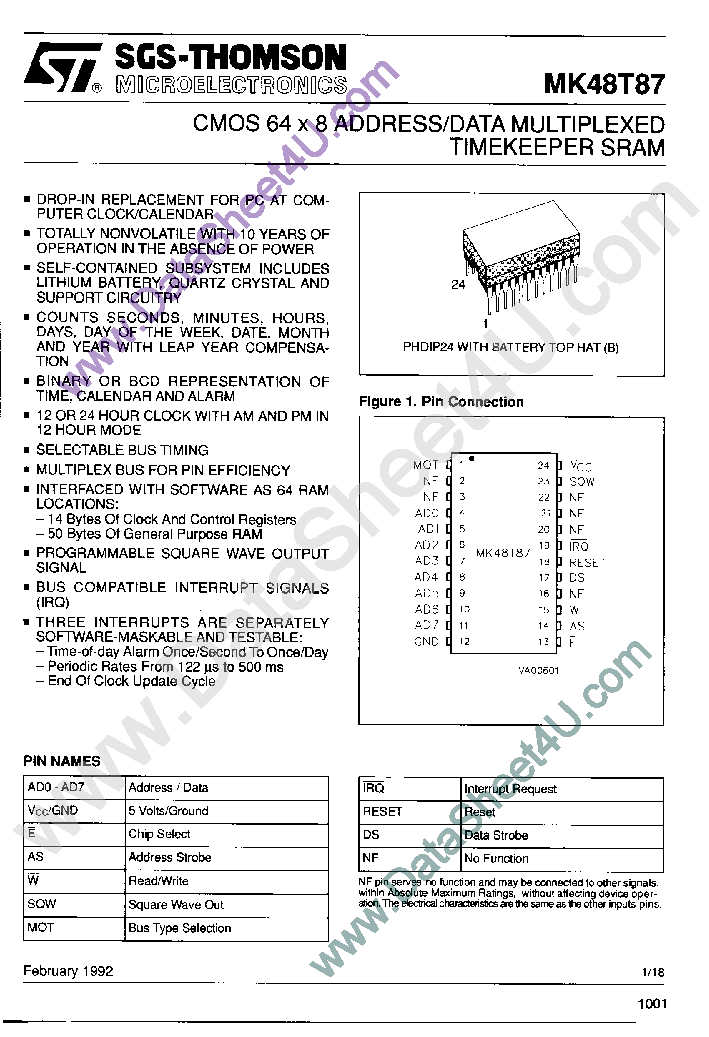 Datasheet MK48T87 - CMOS 64 x 8 Address / Data Multiplexed Timekeeper SRAM page 1