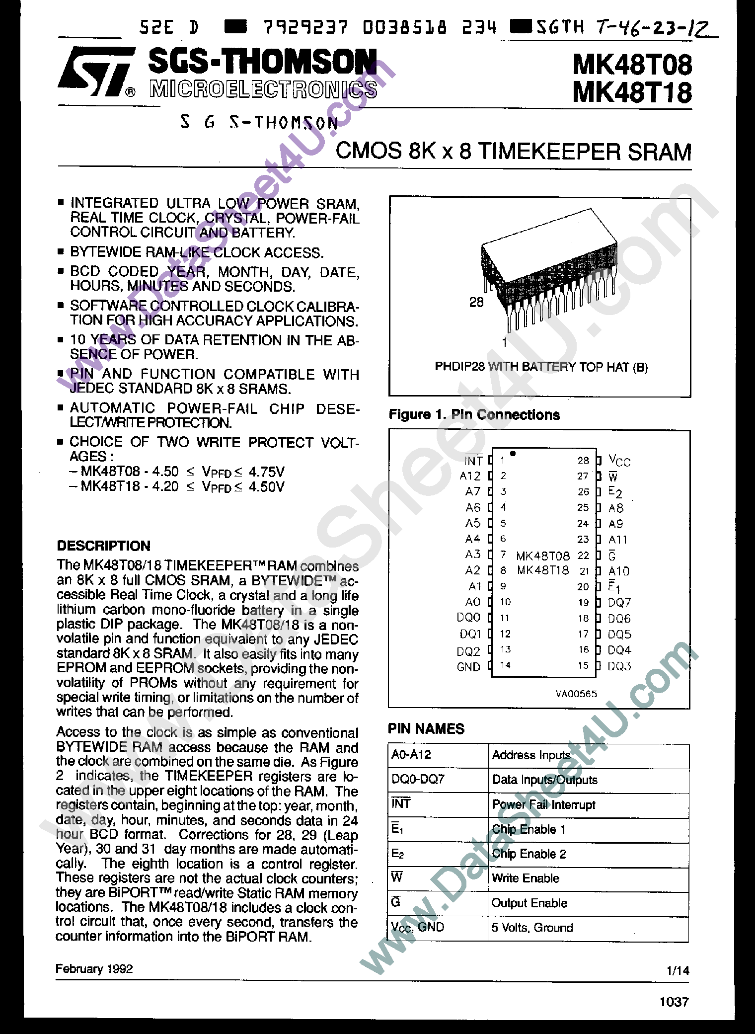 Datasheet MK48T08 - (MK48T08 / MK48T18) CMOS 8K x 8 Timekeeper SRAM page 1