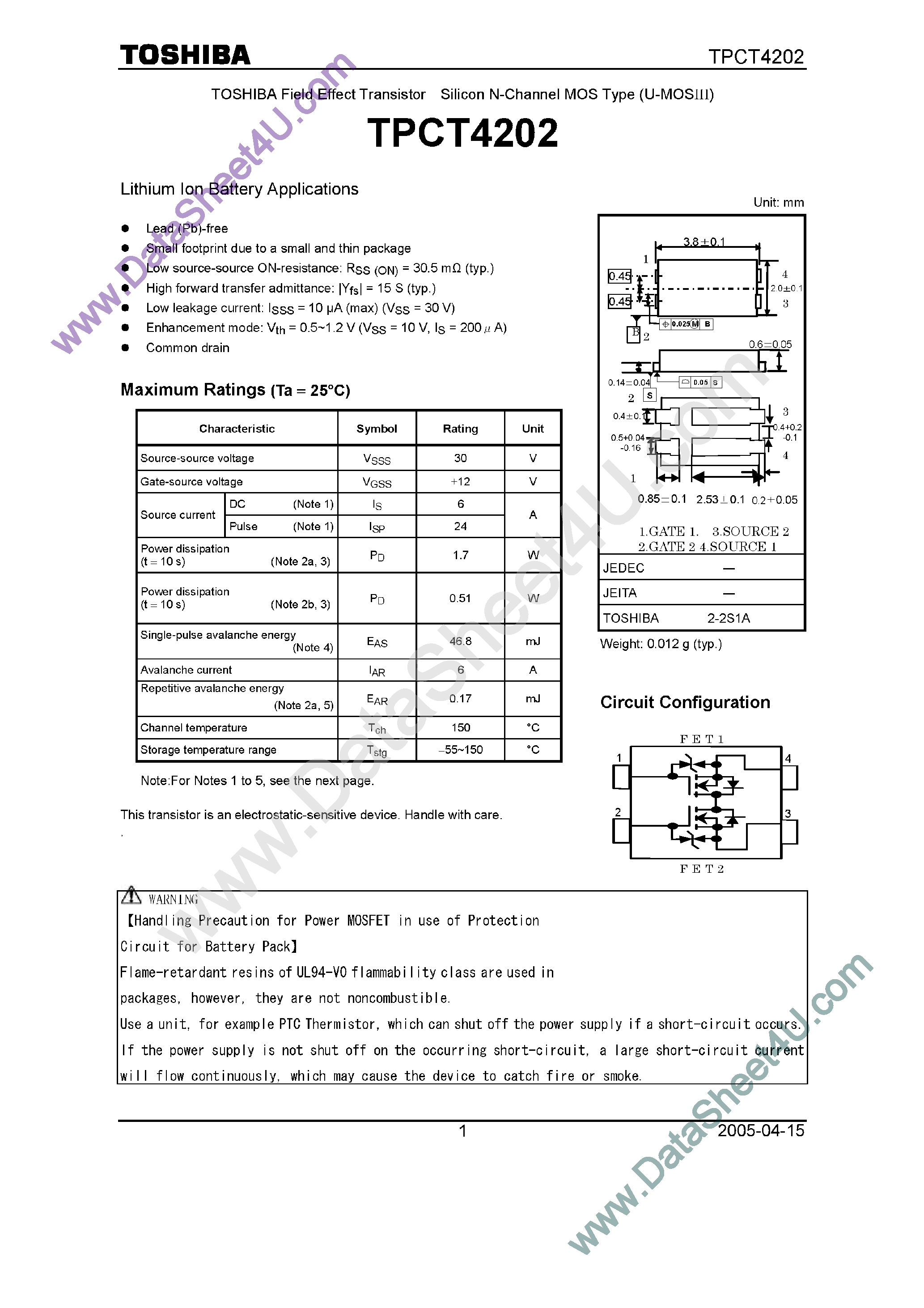 Datasheet TPCT4202 - Lithium Ion Battery Applications page 1