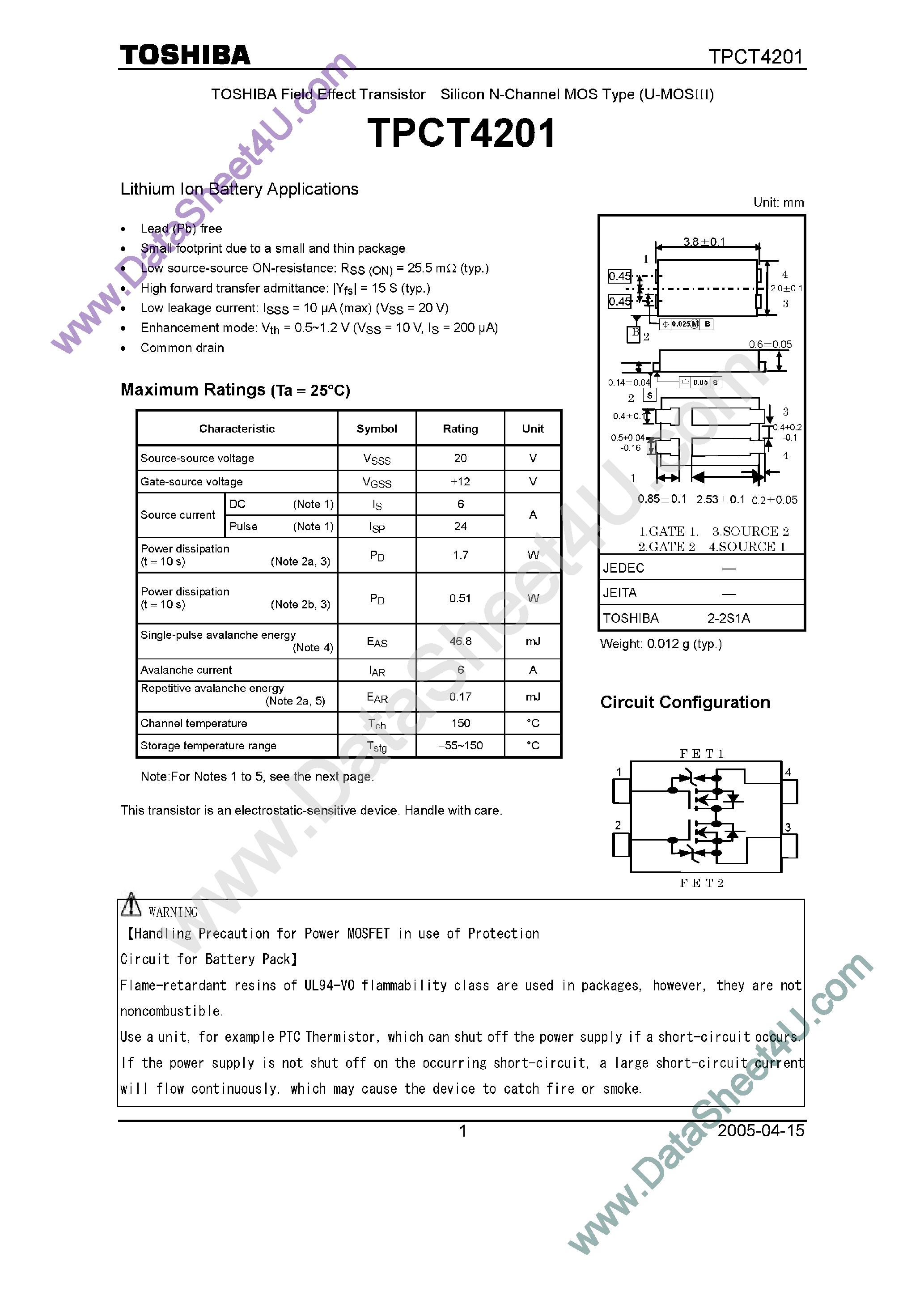 Даташит TPCT4201 - Lithium Ion Battery Applications страница 1