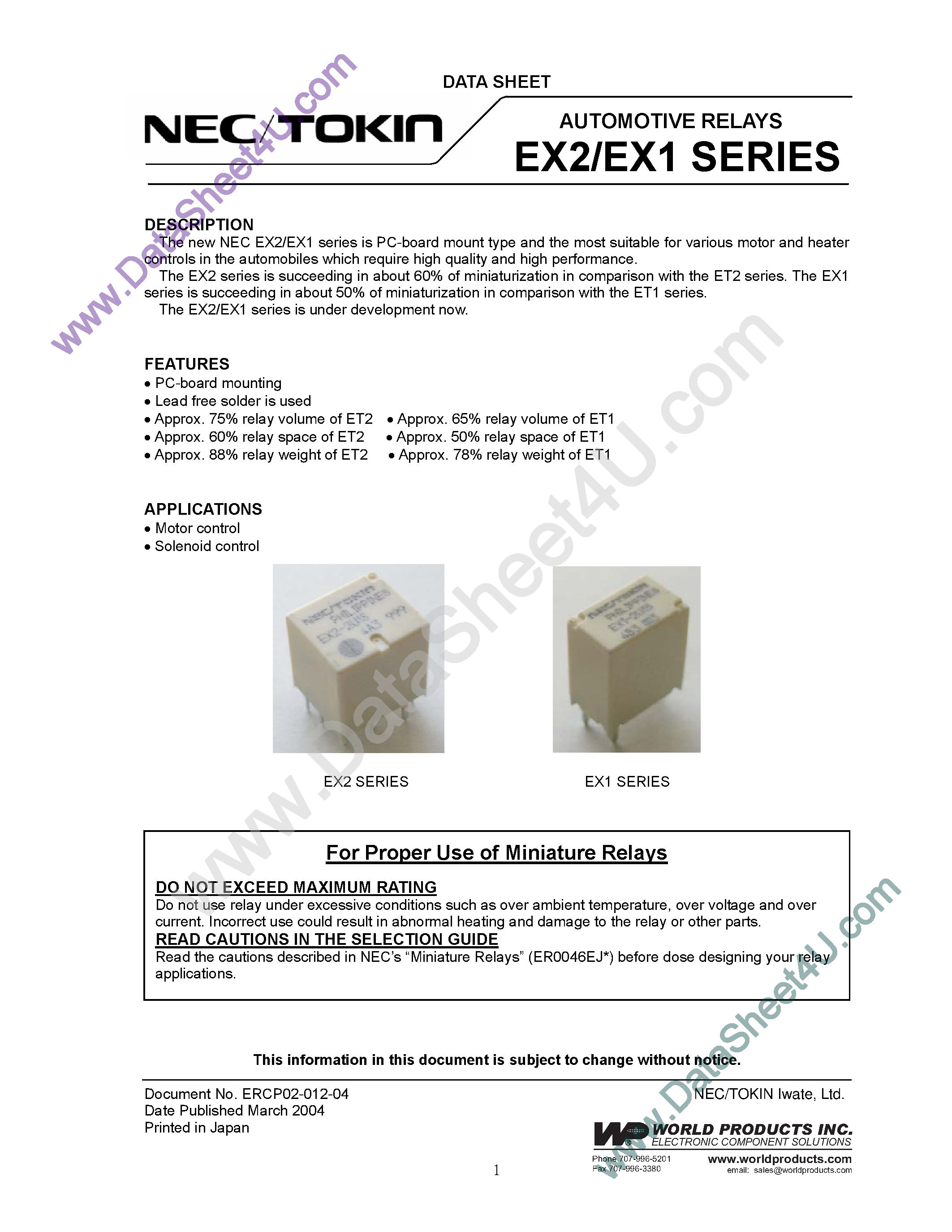 Даташит EX1-2U1S - (EX1/EX2 Series) Automotive Relays страница 1