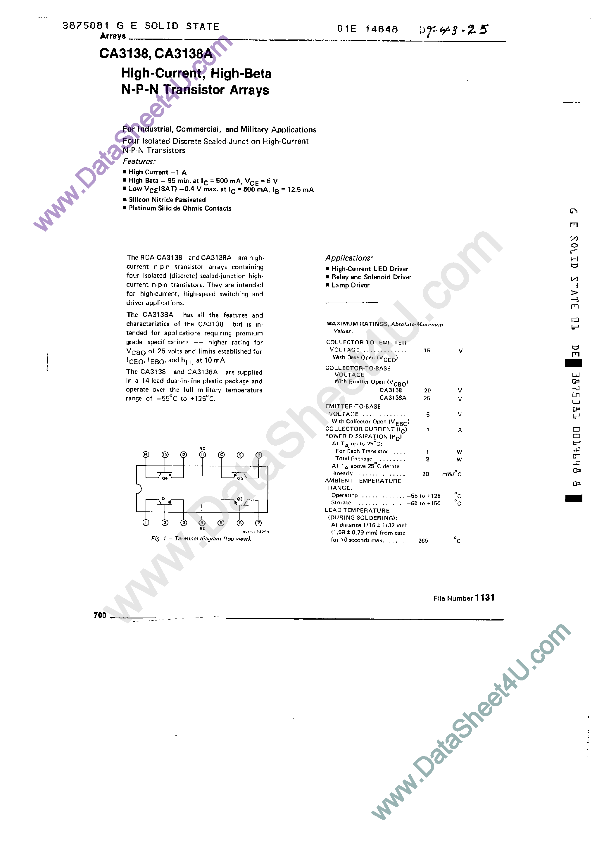 Datasheet CA3138 - High-current / high-beta N-P-N transistor array page 1