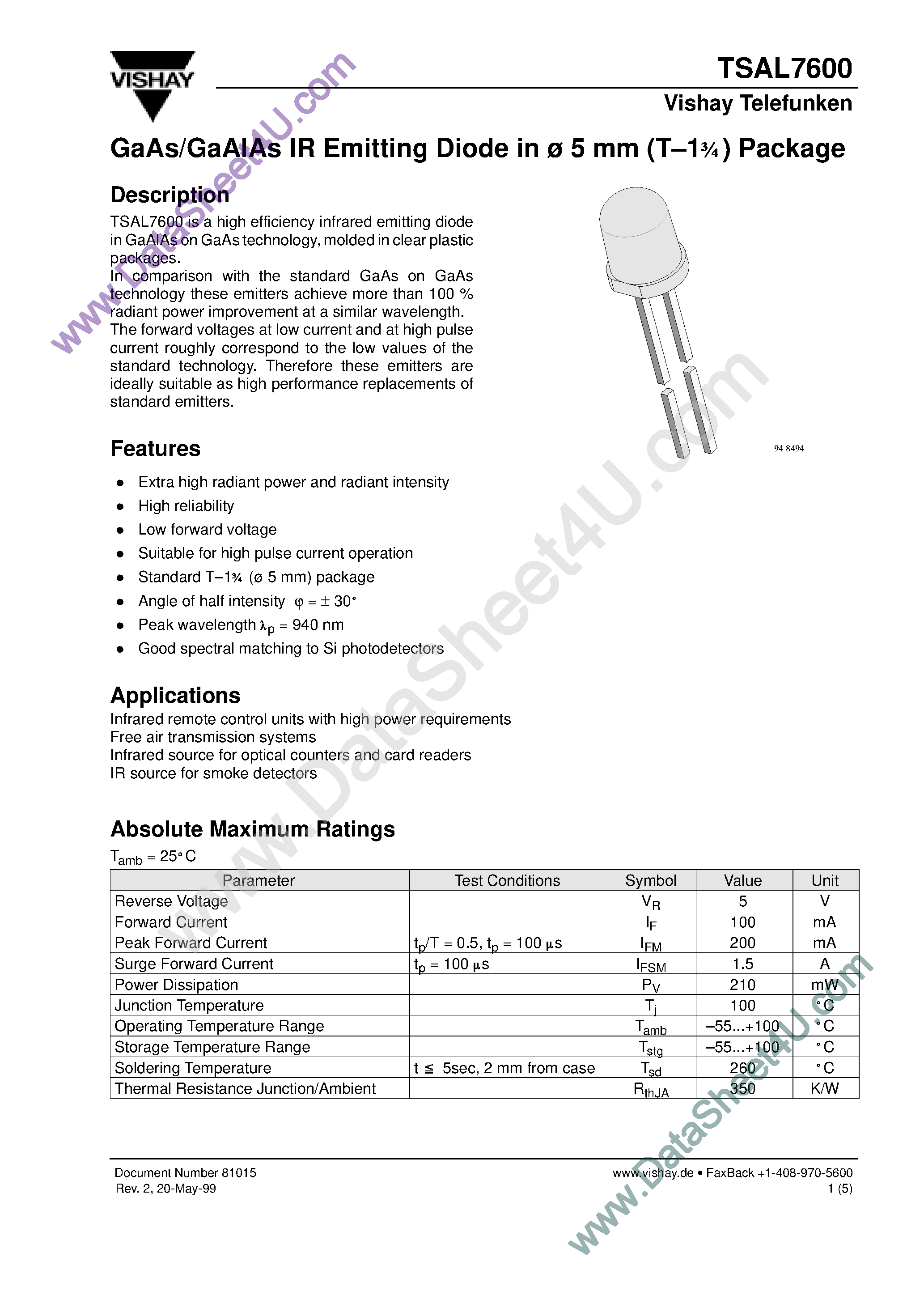 Datasheet TSAL7600 page 1 Datasheet TSAL7600 - GaAs/GaAlAs IR Emitting Diode page 1