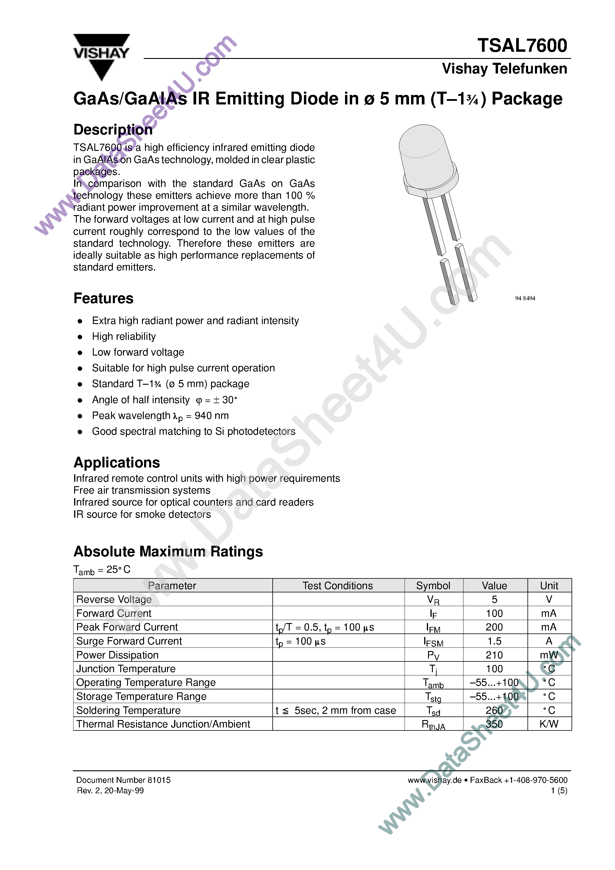 Datasheet TSAL7600 - GaAs/GaAlAs IR Emitting Diode page 1
