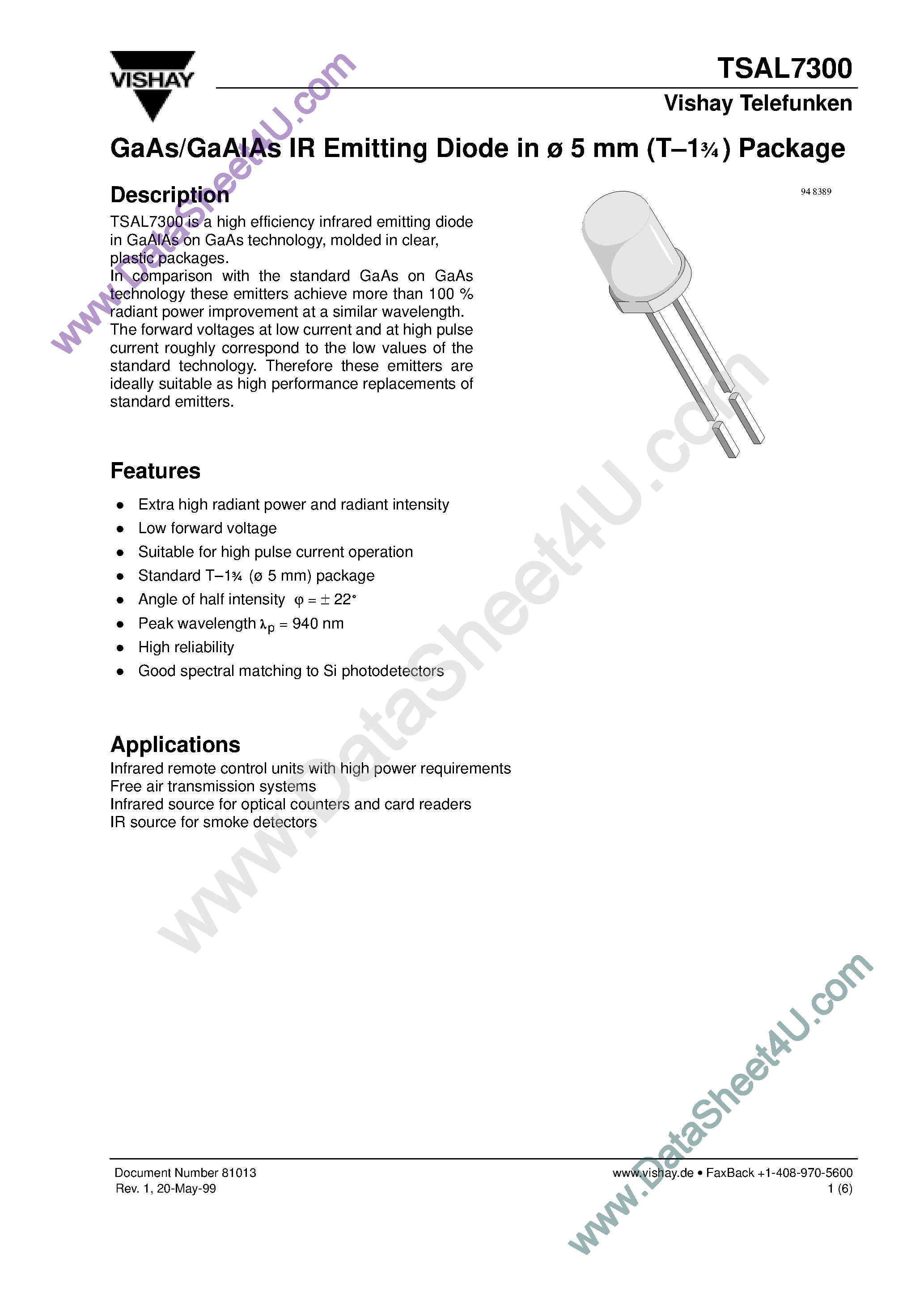 Datasheet TSAL7300 page 1 Datasheet TSAL7300 - GaAs/GaAlAs IR Emitting Diode page 1