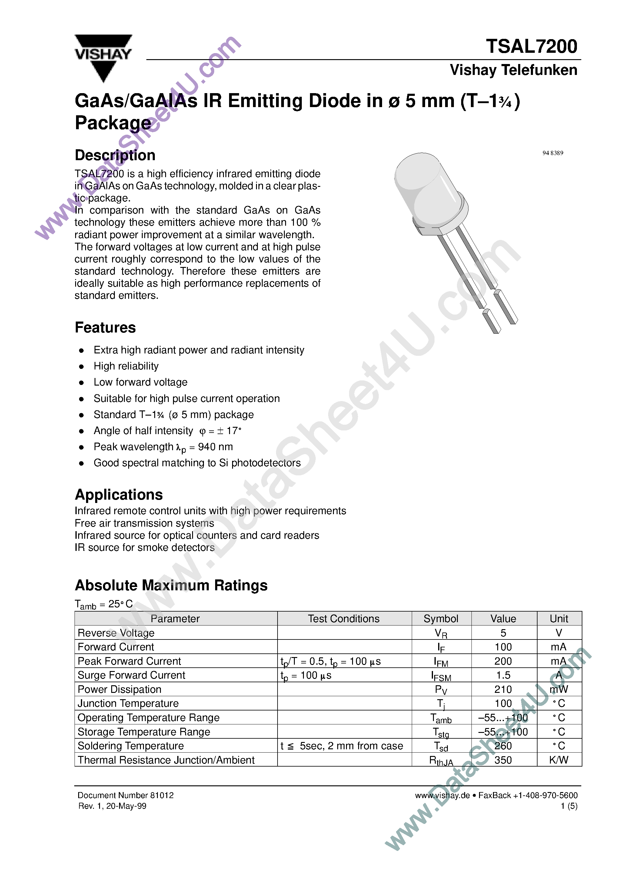 Datasheet TSAL7200 page 1 Datasheet TSAL7200 - GaAs/GaAlAs IR Emitting Diode page 1
