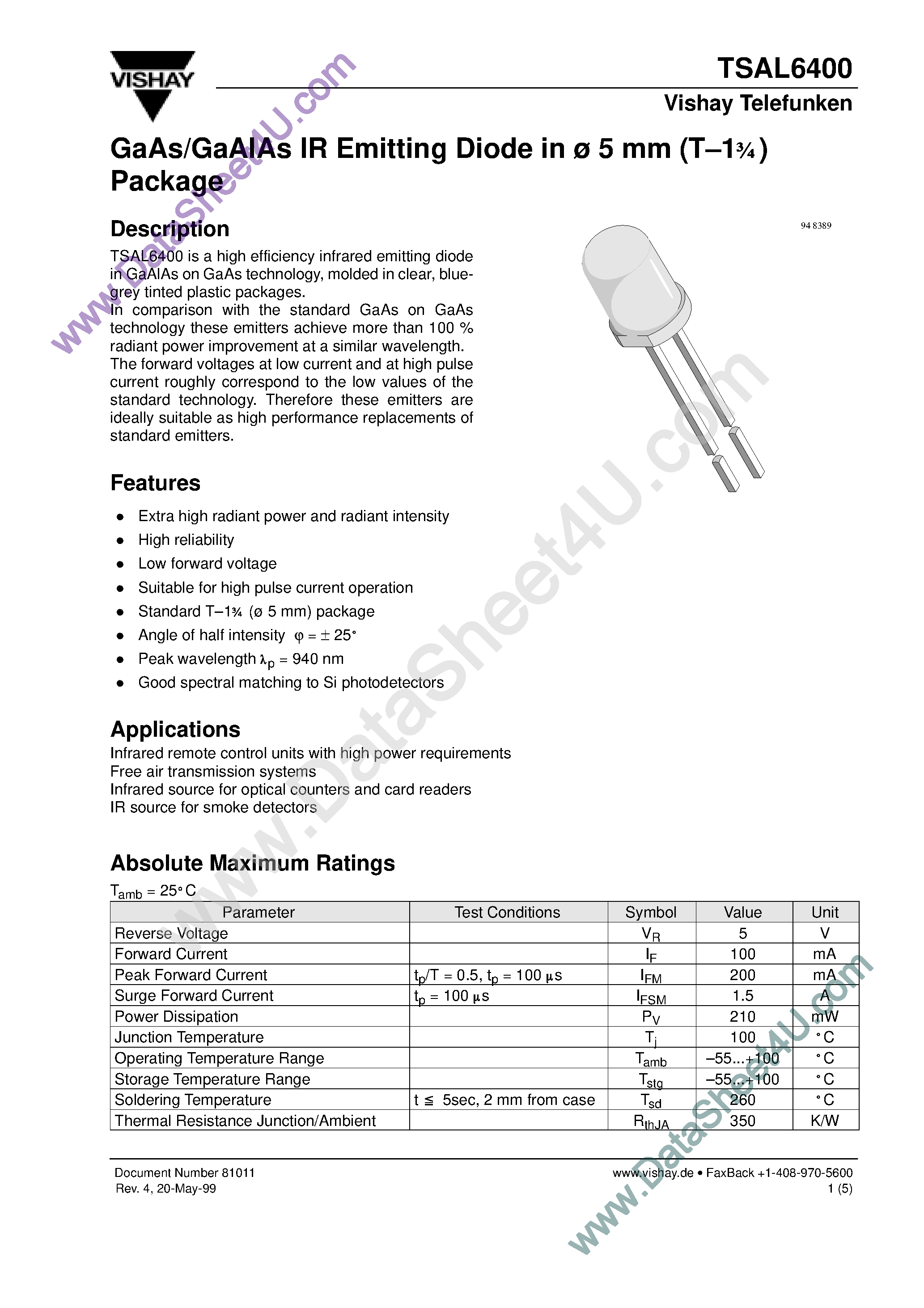 Datasheet TSAL6400 page 1 Datasheet TSAL6400 - GaAs/GaAlAs IR Emitting Diode page 1