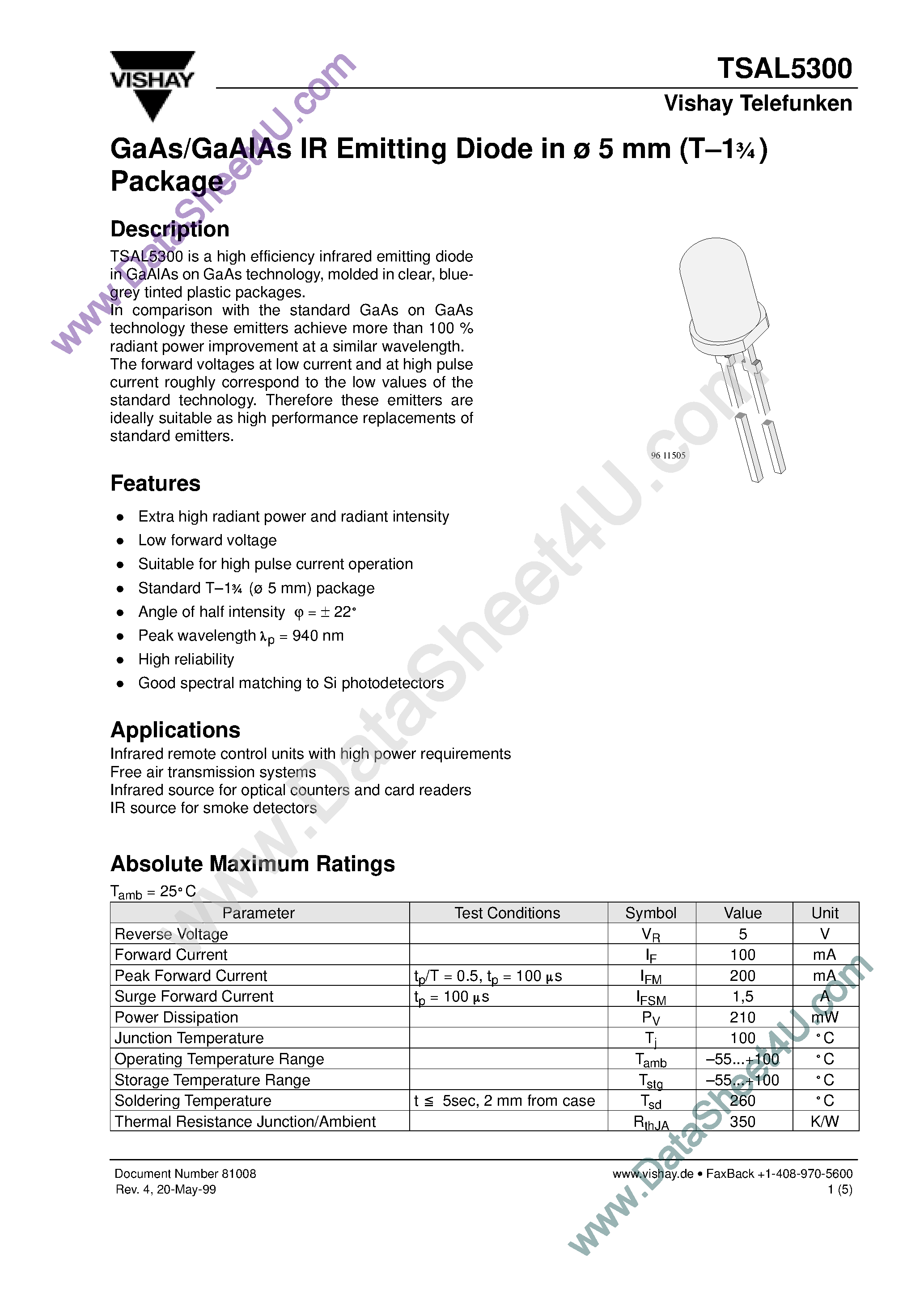 Datasheet TSAL5300 page 1 Datasheet TSAL5300 - GaAs/GaAlAs IR Emitting Diode page 1