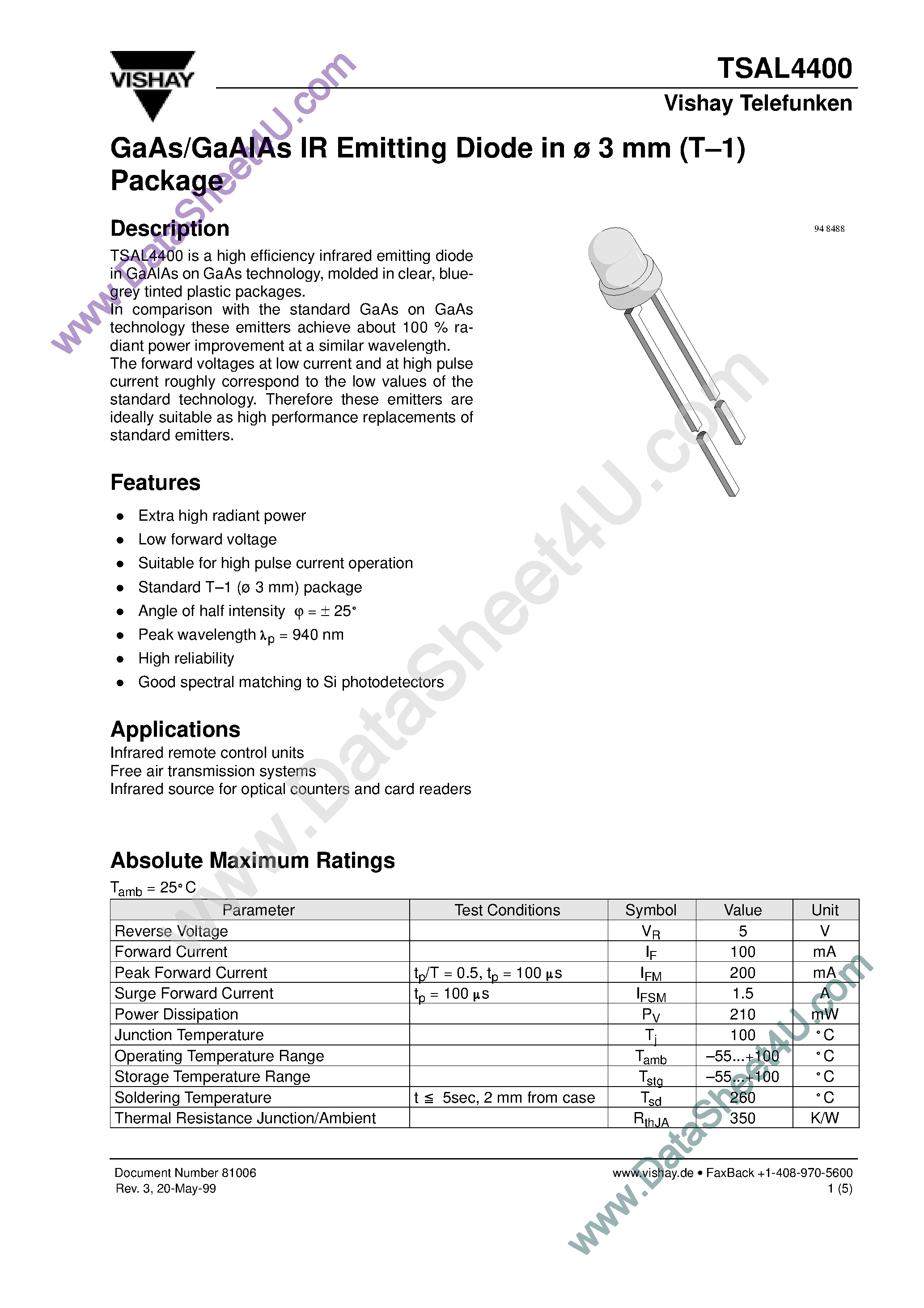 Datasheet TSAL4400 page 1 Datasheet TSAL4400 - GaAs/GaAlAs IR Emitting Diode page 1