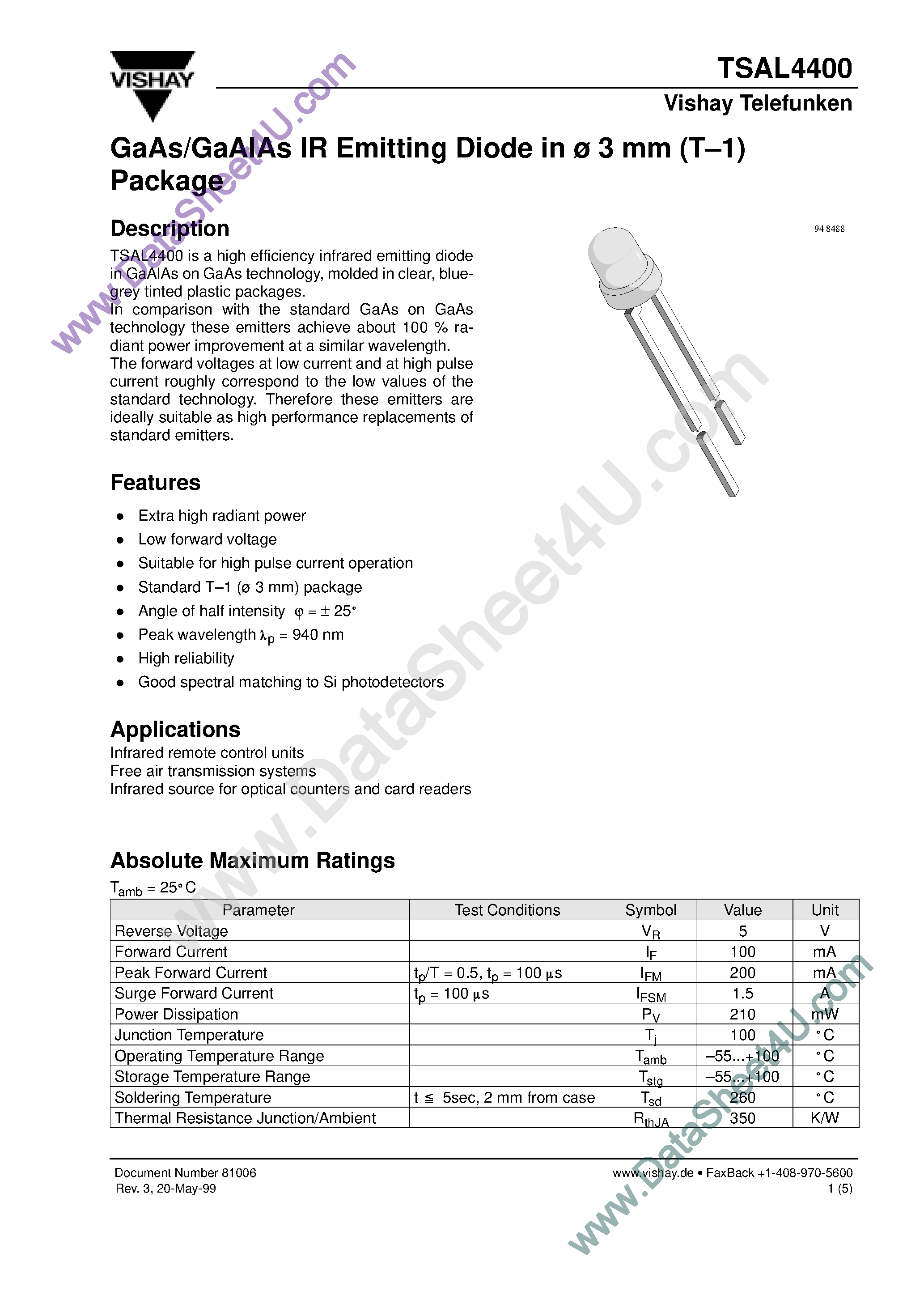 Datasheet TSAL4400 - GaAs/GaAlAs IR Emitting Diode page 1
