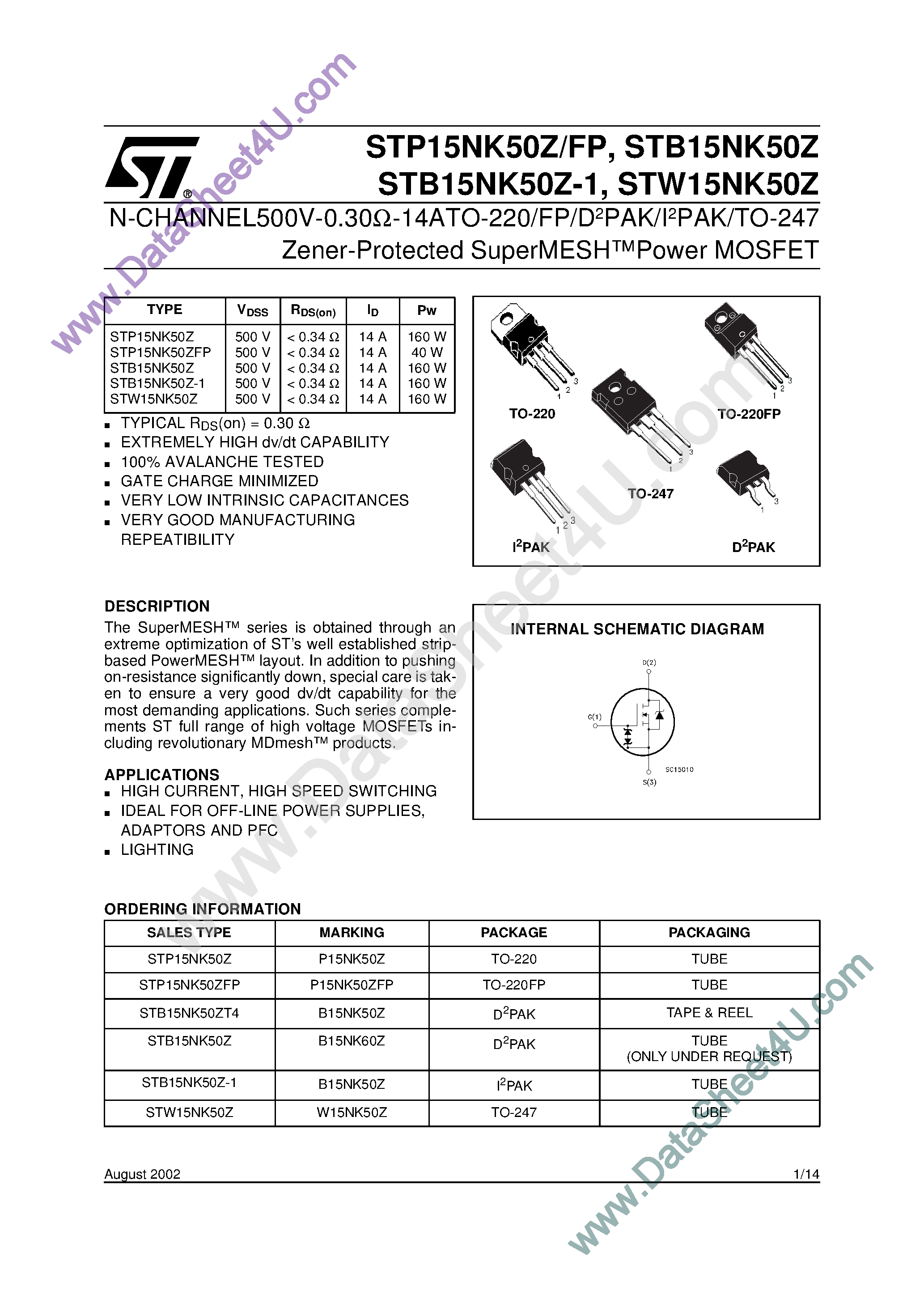 Datasheet STW15NK50Z - N-CHANNEL Power MOSFET page 1