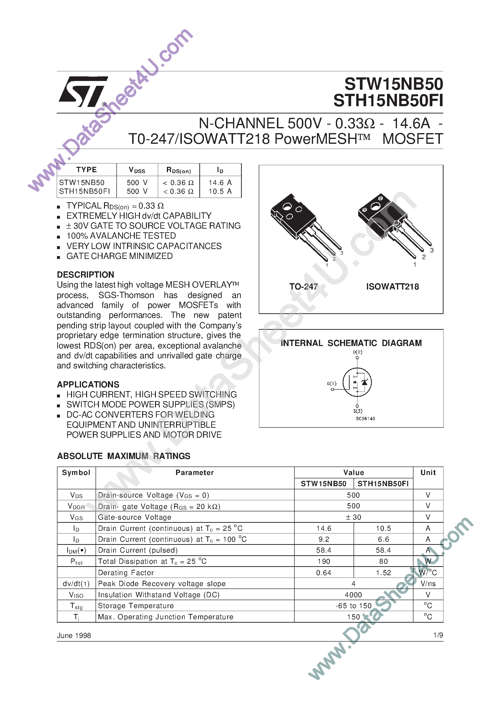 Datasheet STW15NB50 page 1 Datasheet STW15NB50 - N-CHANNEL PowerMESH MOSFET page 1