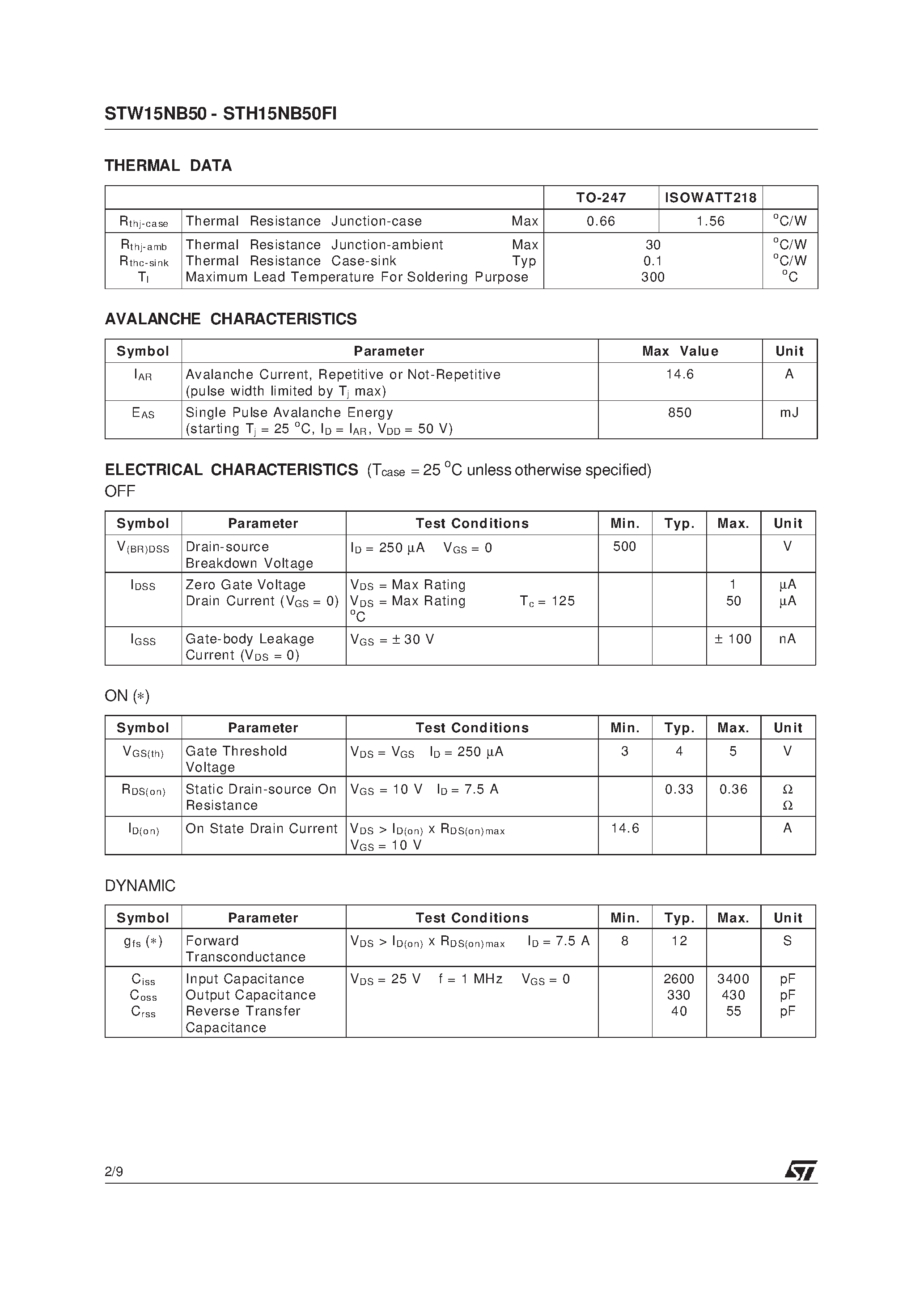 Datasheet STW15NB50 page 2 Datasheet STW15NB50 - N-CHANNEL PowerMESH MOSFET page 2