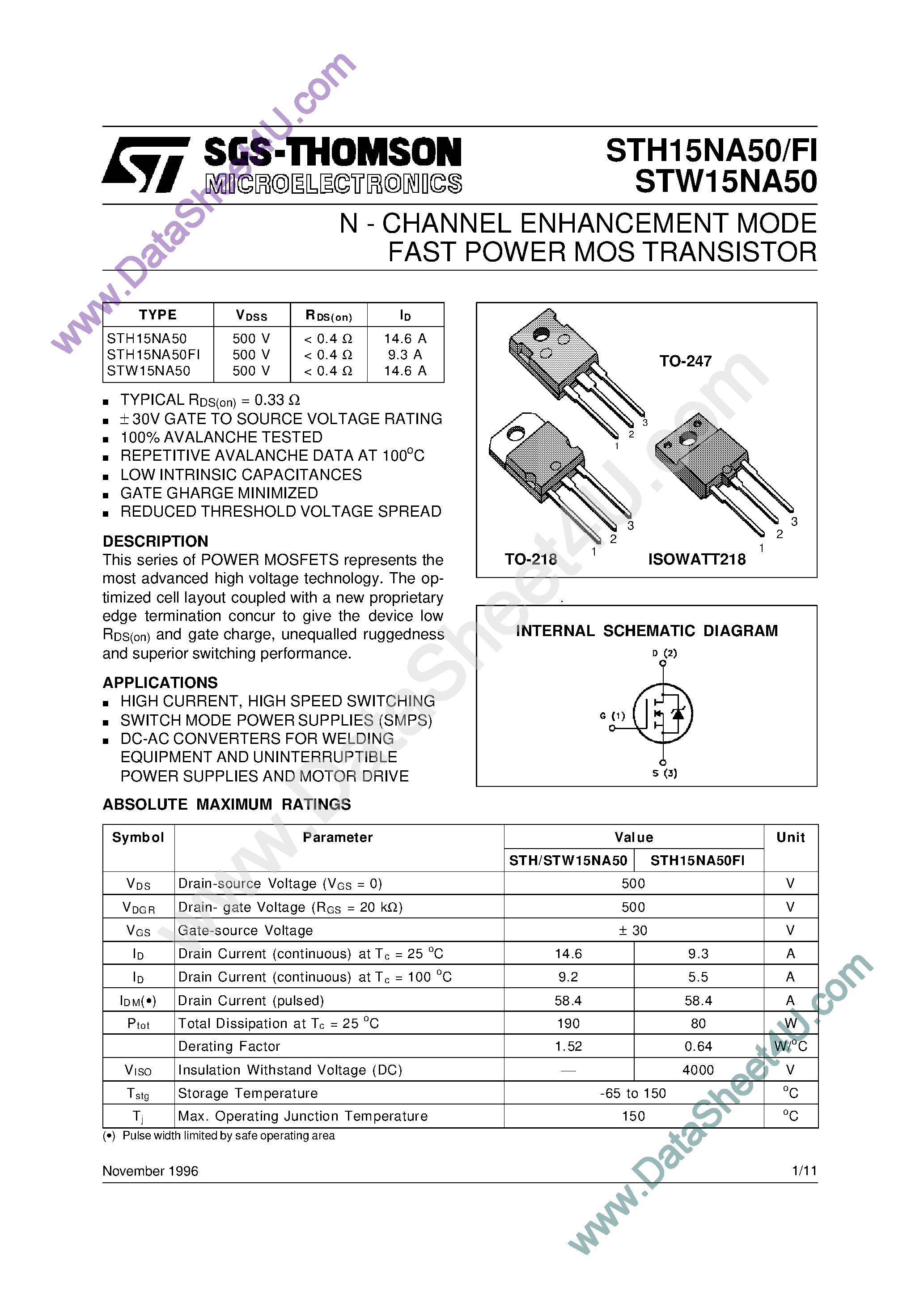 Datasheet STW15NA50 - N - CHANNEL ENHANCEMENT MODE FAST POWER MOS TRANSISTOR page 1